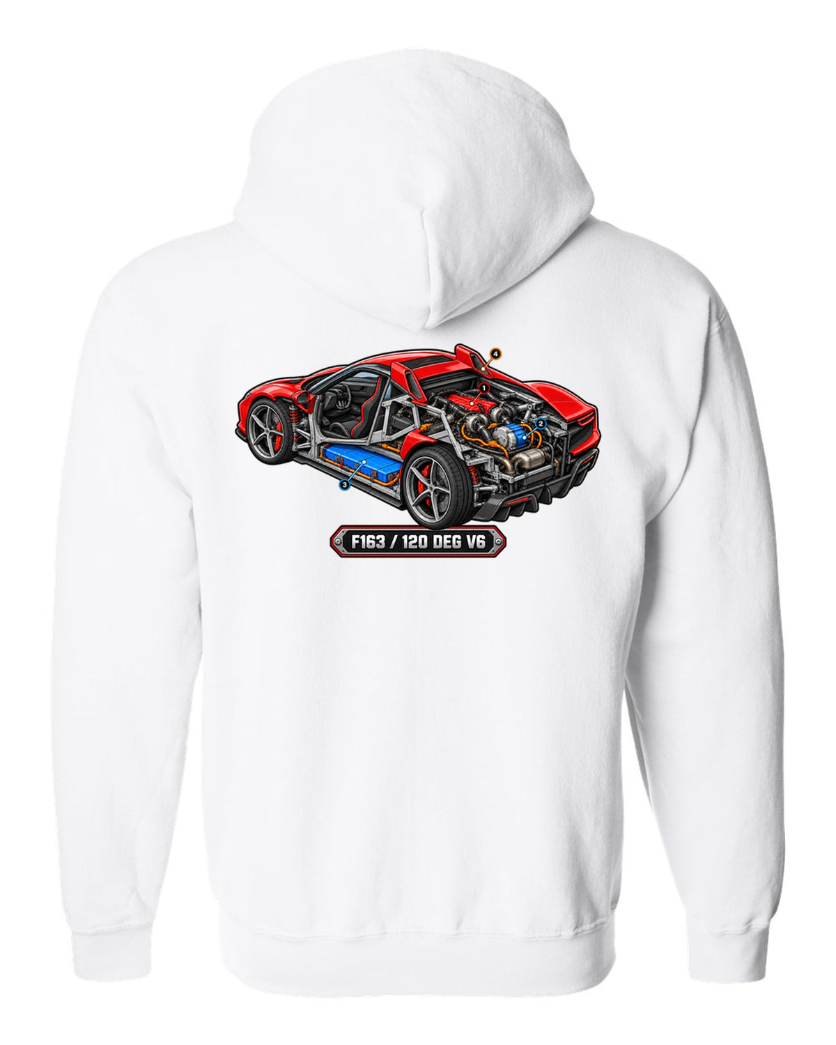 Isometric cutaway diorama of the Ferrari 296 GTB hybrid V6 engine white zip hoodie back view with the design