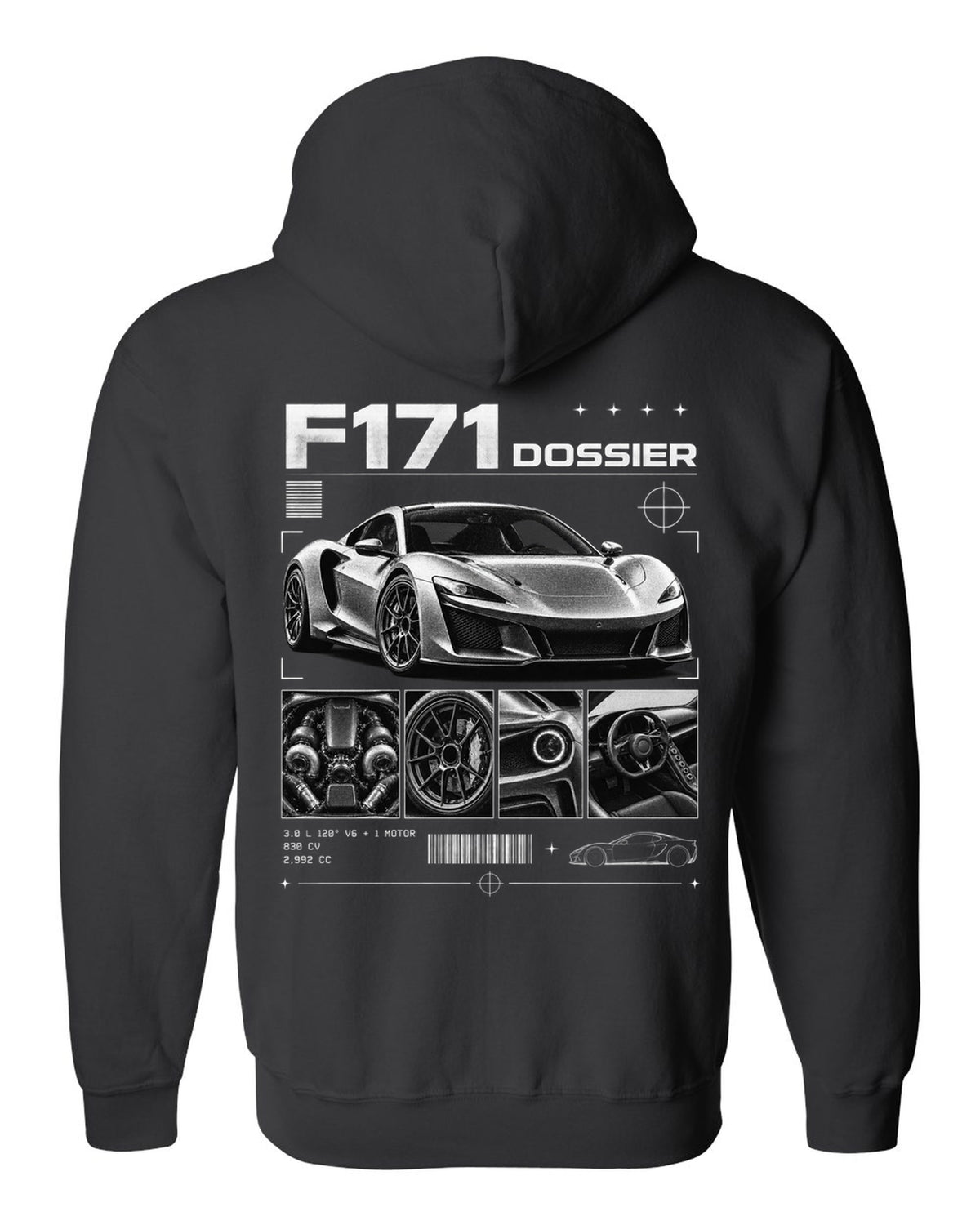 Dossier panel print of a Ferrari 296 GTB F171 with 3.0 L 120 degree V6 plus one motor, 830 CV black zip hoodie back view with the design