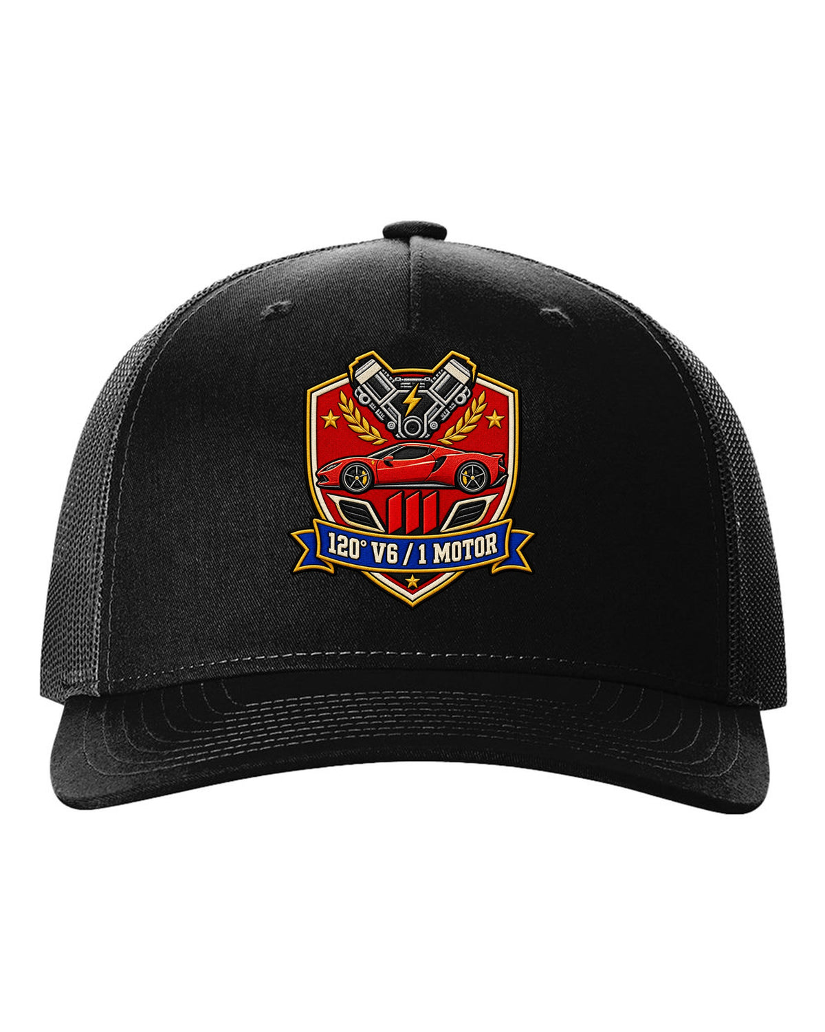 Shield crest print for the Ferrari 296 GTB with 120 degree V6 and 1 motor lettering black hat front view with the design