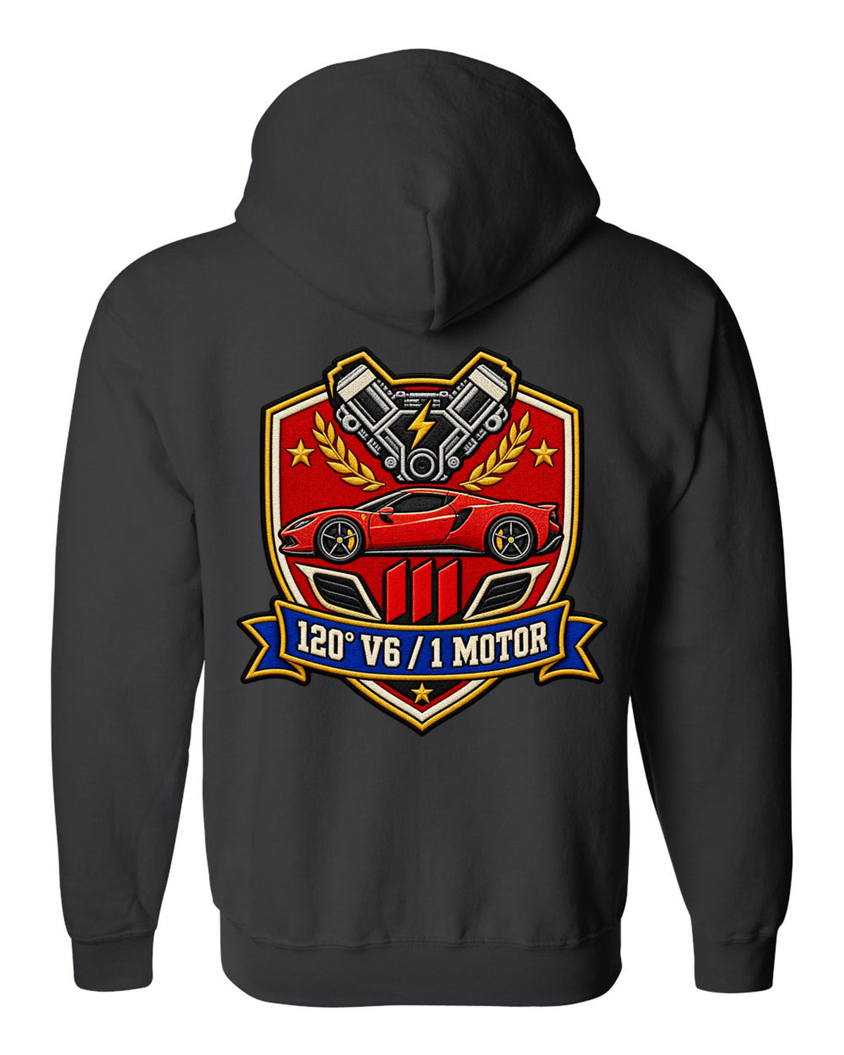 Shield crest print for the Ferrari 296 GTB with 120 degree V6 and 1 motor lettering black zip hoodie back view with the design