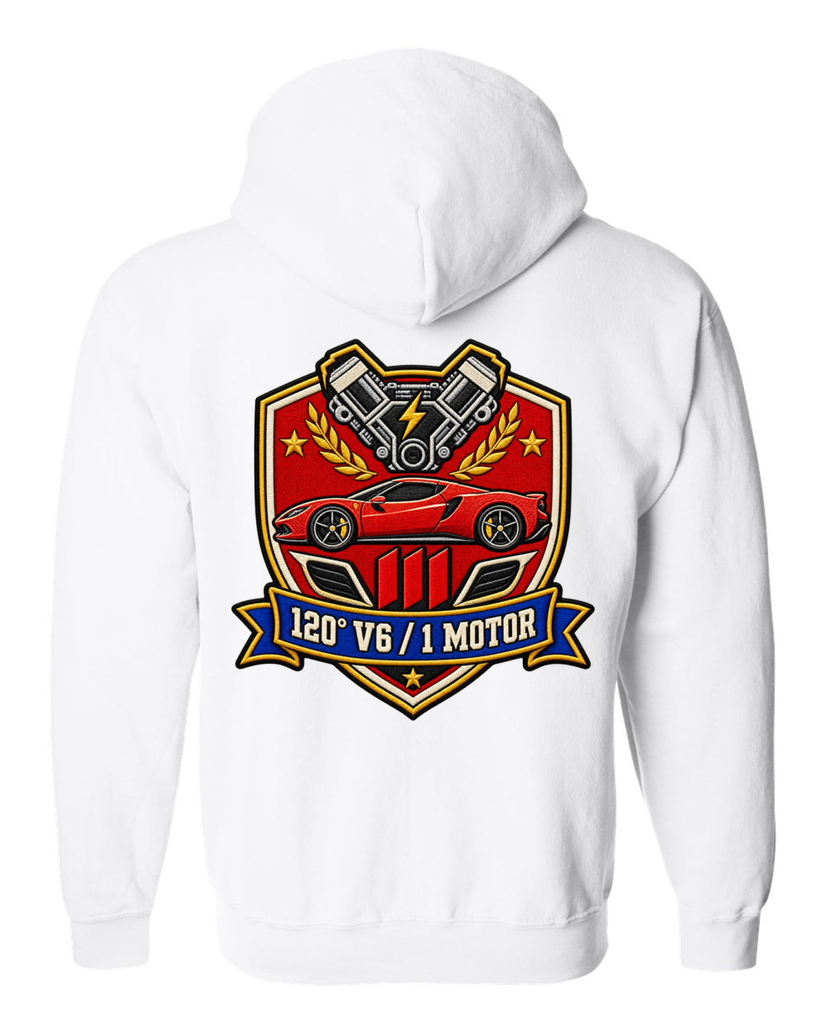 Shield crest print for the Ferrari 296 GTB with 120 degree V6 and 1 motor lettering white zip hoodie back view with the design