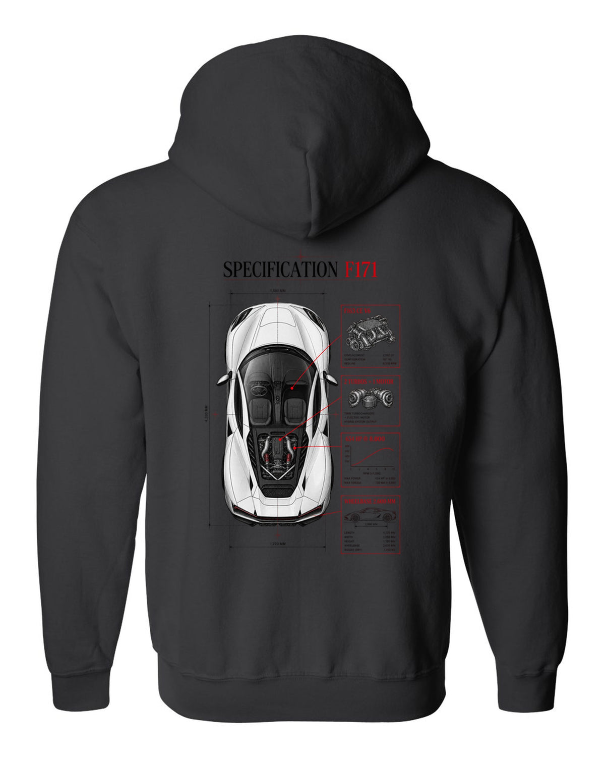 Top-down spec poster print of a Ferrari 296 GTB F171 with wheelbase and F163 CE V6 details black zip hoodie back view with the design