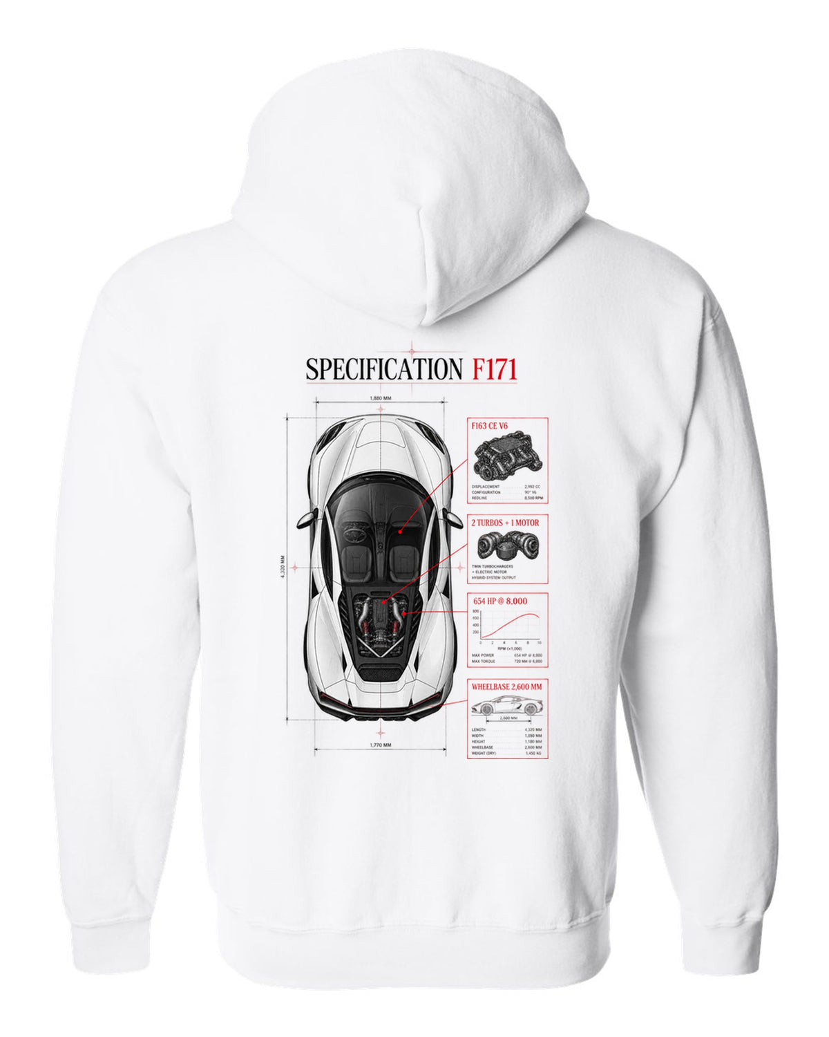 Top-down spec poster print of a Ferrari 296 GTB F171 with wheelbase and F163 CE V6 details white zip hoodie back view with the design