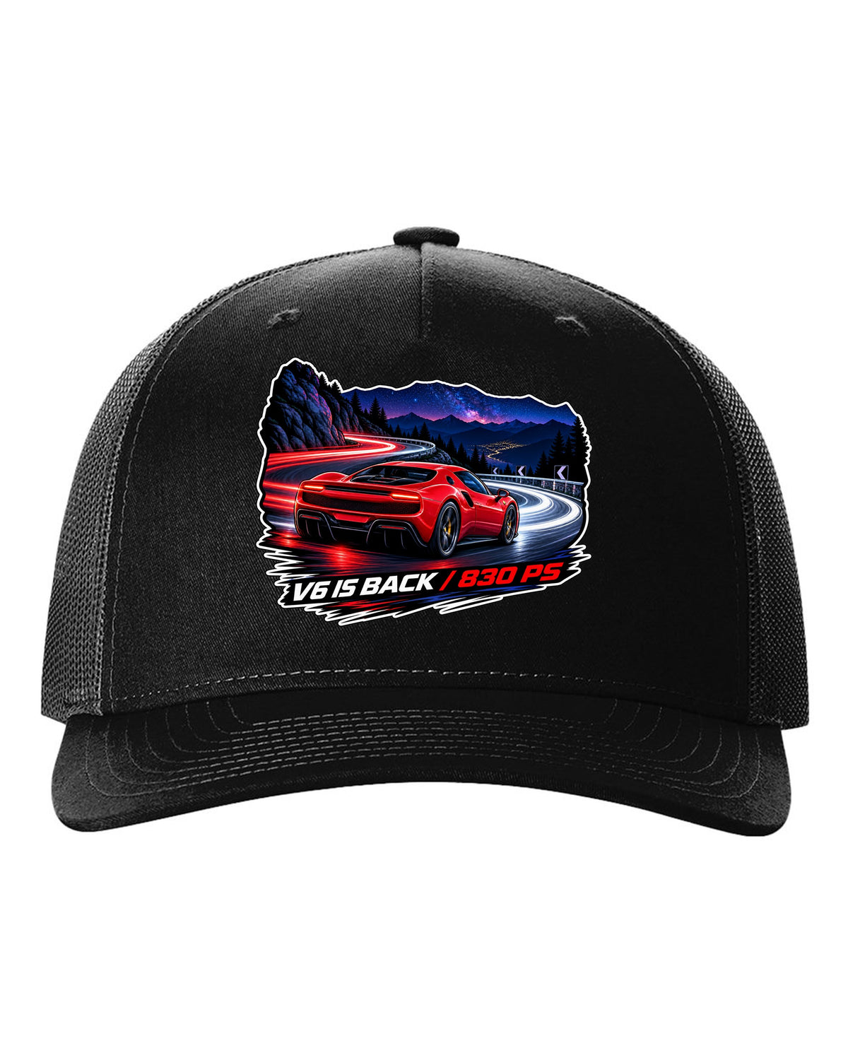 Long-exposure light trail print of the Ferrari 296 GTB with V6 is back text black hat front view with the design