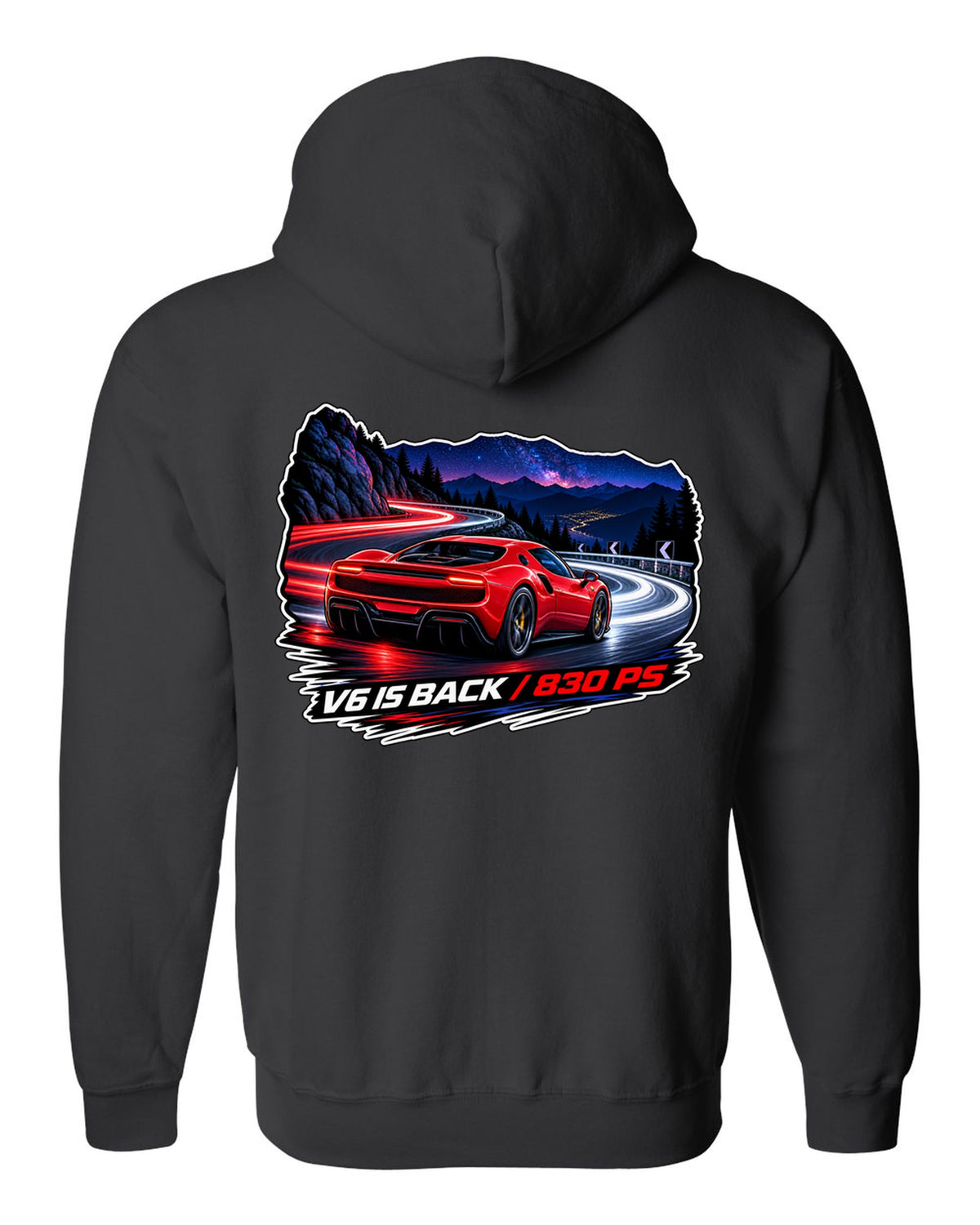 Long-exposure light trail print of the Ferrari 296 GTB with V6 is back text black zip hoodie back view with the design