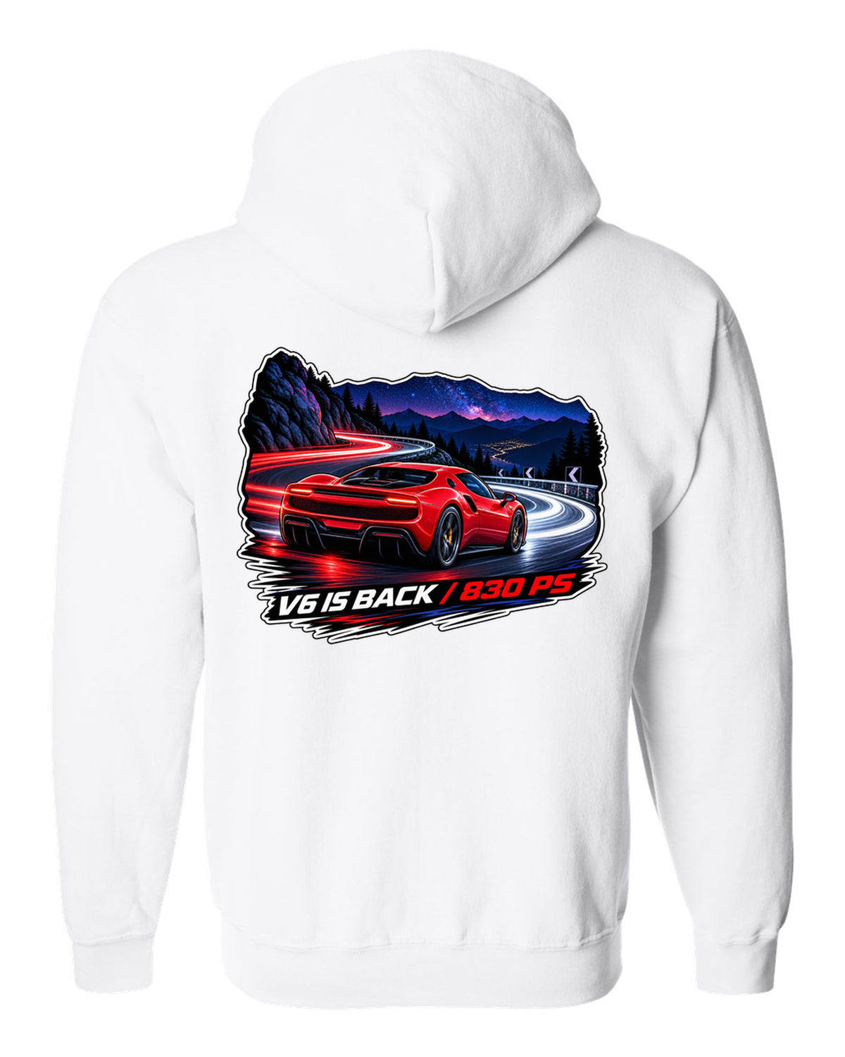 Long-exposure light trail print of the Ferrari 296 GTB with V6 is back text white zip hoodie back view with the design