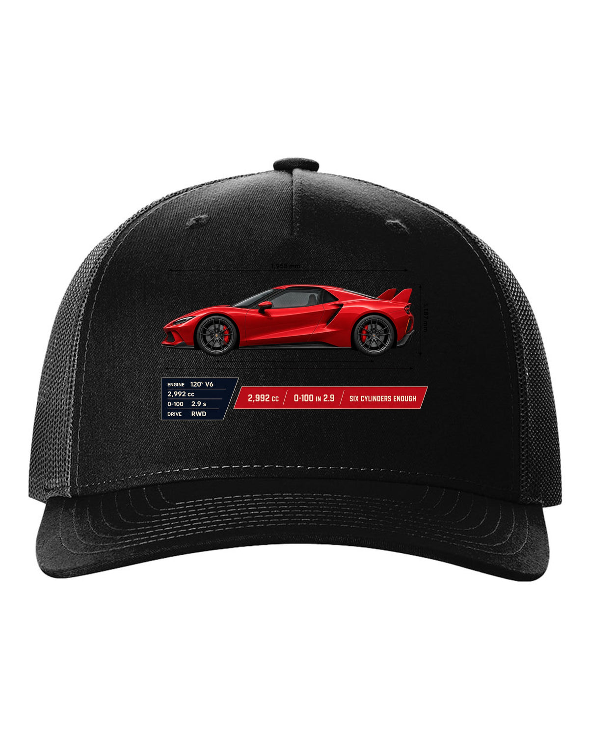 Ferrari 296 GTB spec poster print with 2,992 cc and 0-100 in 2.9 black hat front view with the design