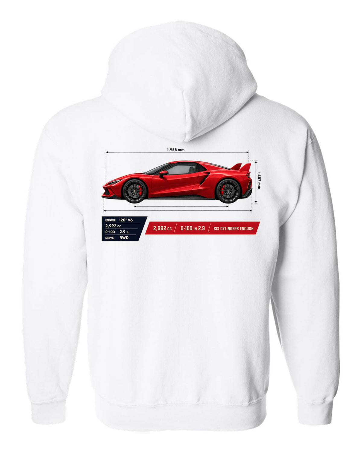 Ferrari 296 GTB spec poster print with 2,992 cc and 0-100 in 2.9 white zip hoodie back view with the design