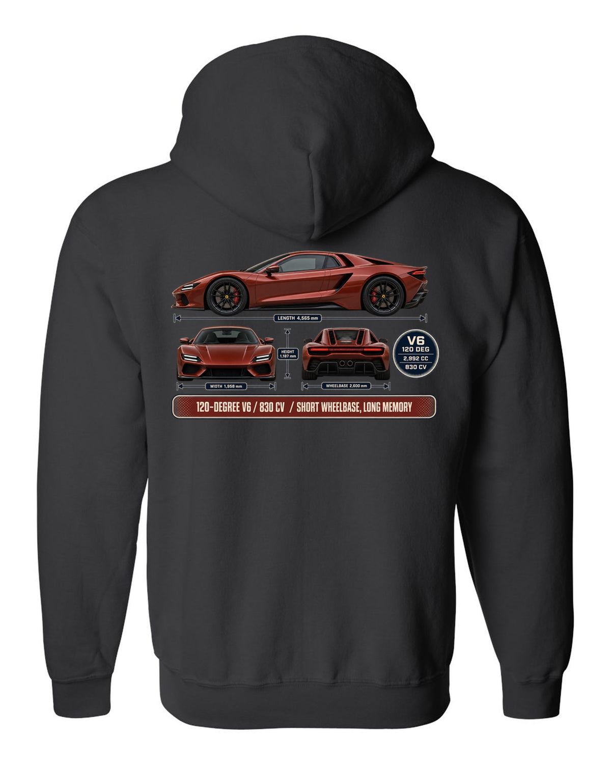 print three-view drawing with spec table of a Ferrari 296 GTB in brick red black zip hoodie back view with the design