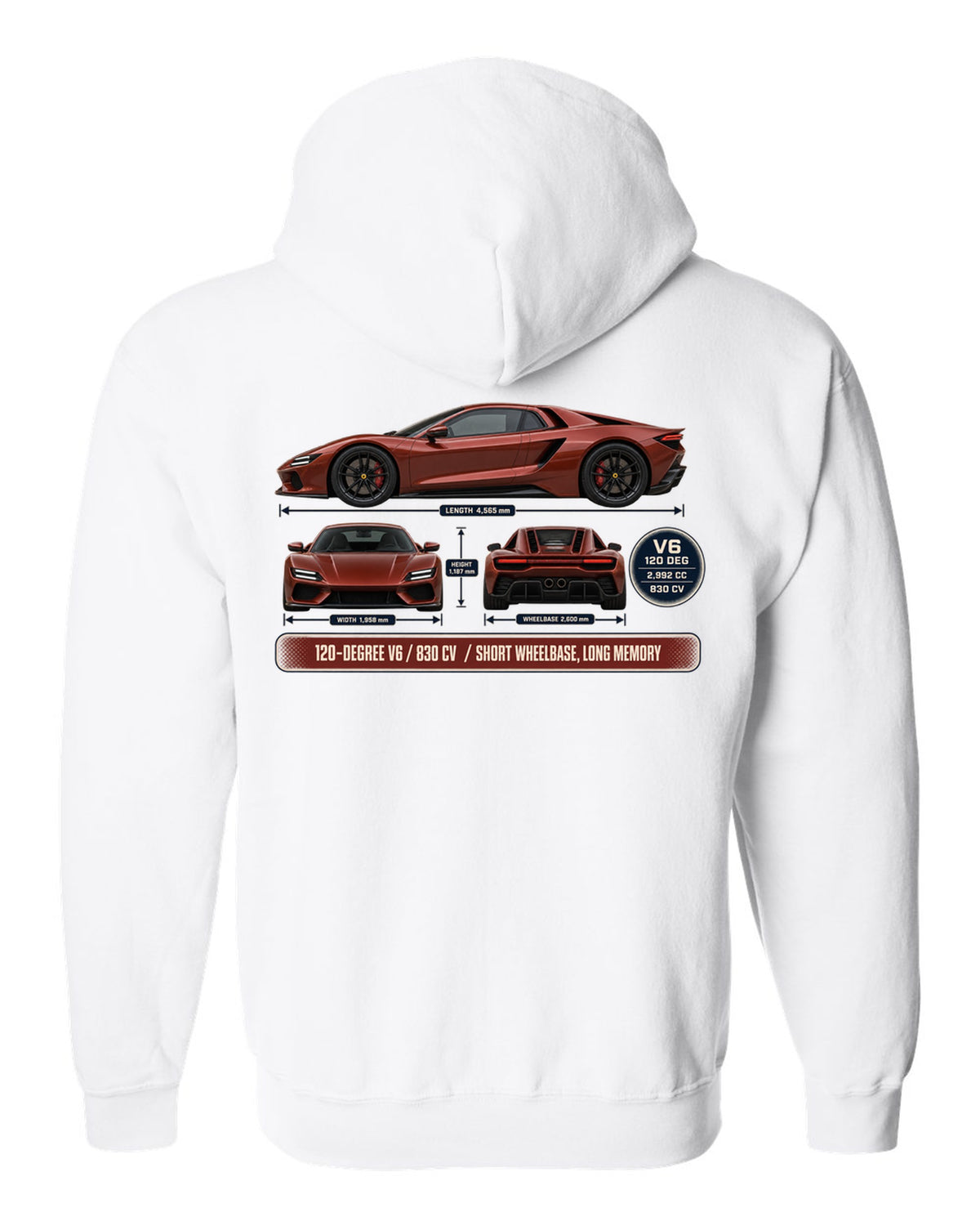 print three-view drawing with spec table of a Ferrari 296 GTB in brick red white zip hoodie back view with the design