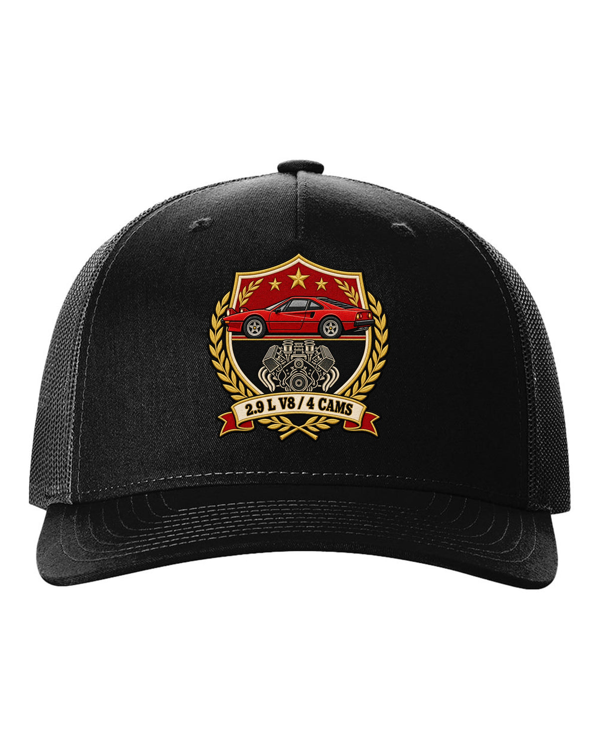 Varsity crest print for the Ferrari 308 GTB with the text 2.9 L V8, 4 cams black hat front view with the design