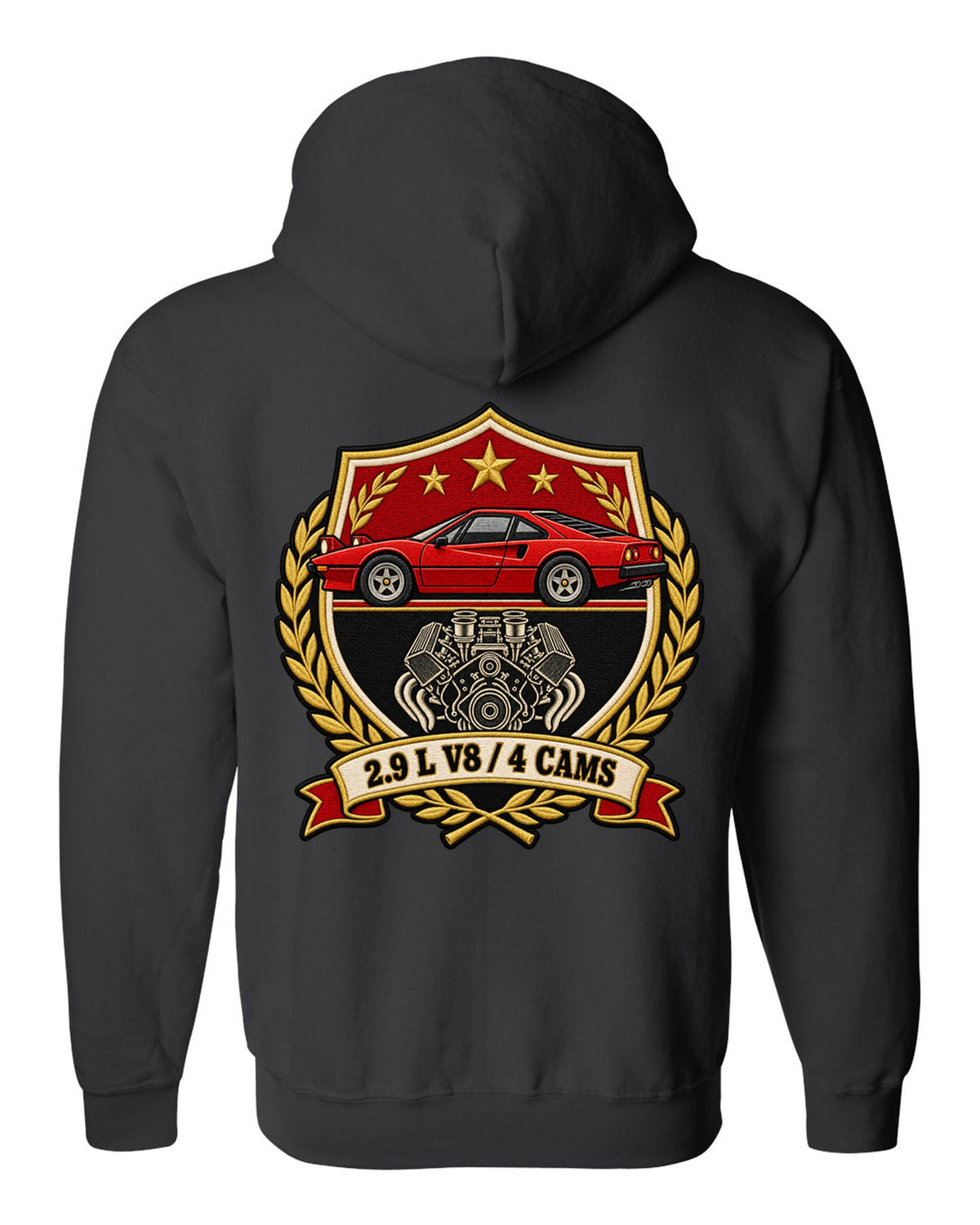 Varsity crest print for the Ferrari 308 GTB with the text 2.9 L V8, 4 cams black zip hoodie back view with the design