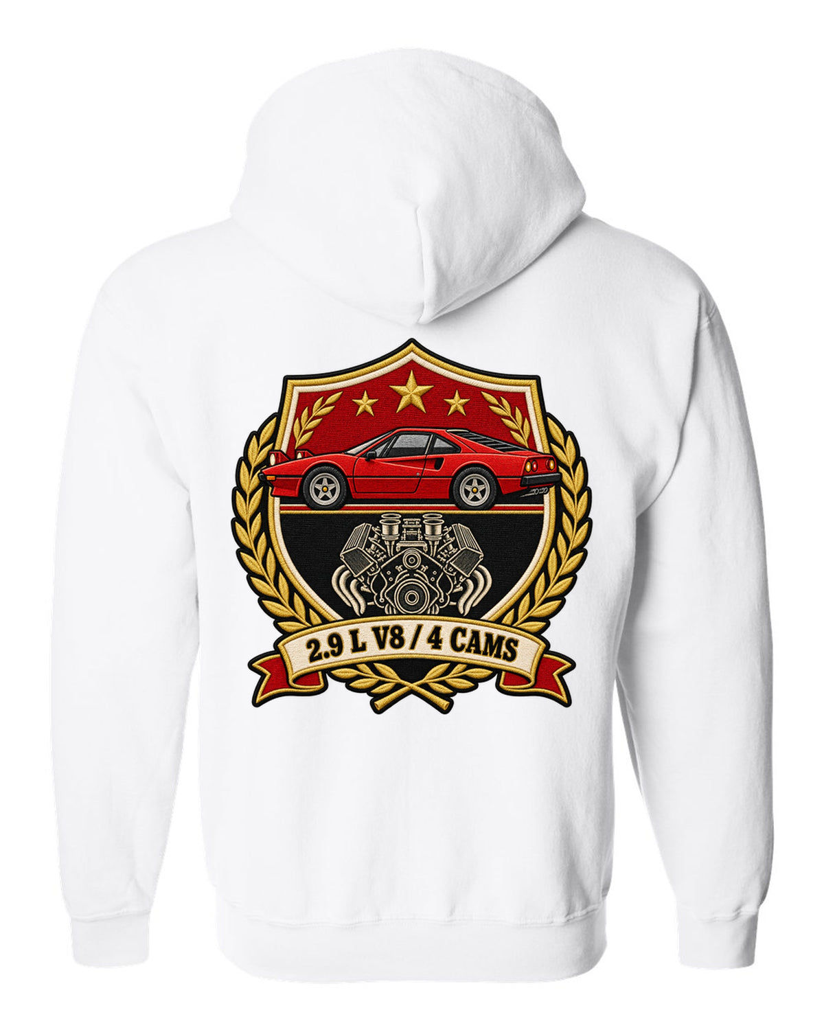 Varsity crest print for the Ferrari 308 GTB with the text 2.9 L V8, 4 cams white zip hoodie back view with the design