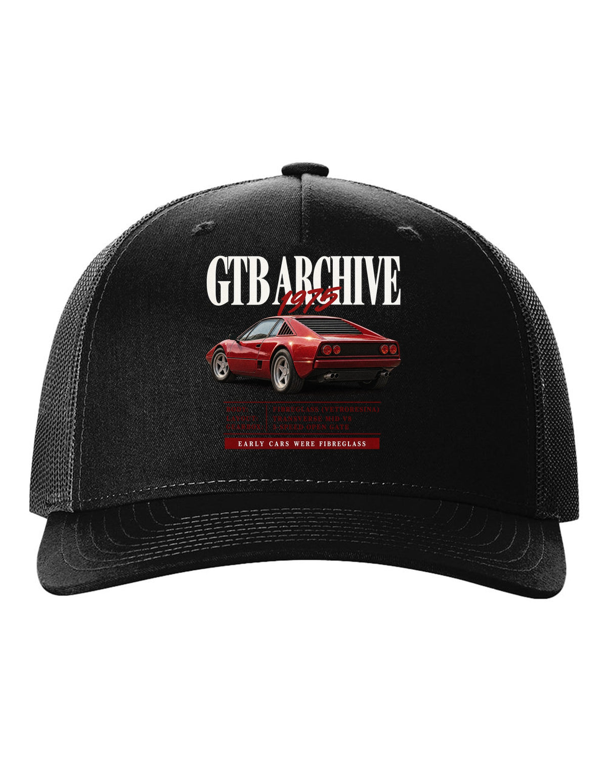 Ferrari 308 GTB 1975 archive panel print, early cars were fibreglass black hat front view with the design