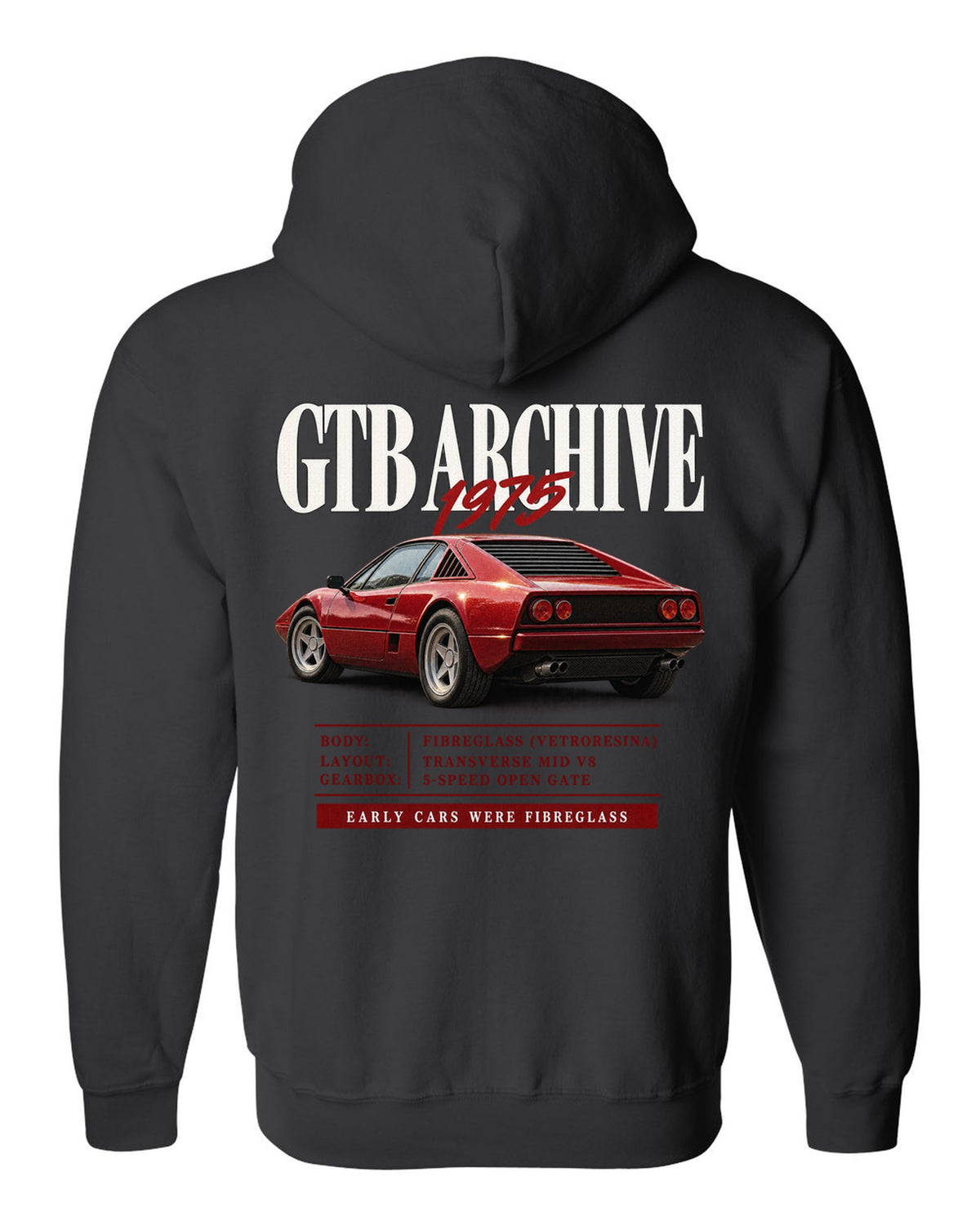 Ferrari 308 GTB 1975 archive panel print, early cars were fibreglass black zip hoodie back view with the design