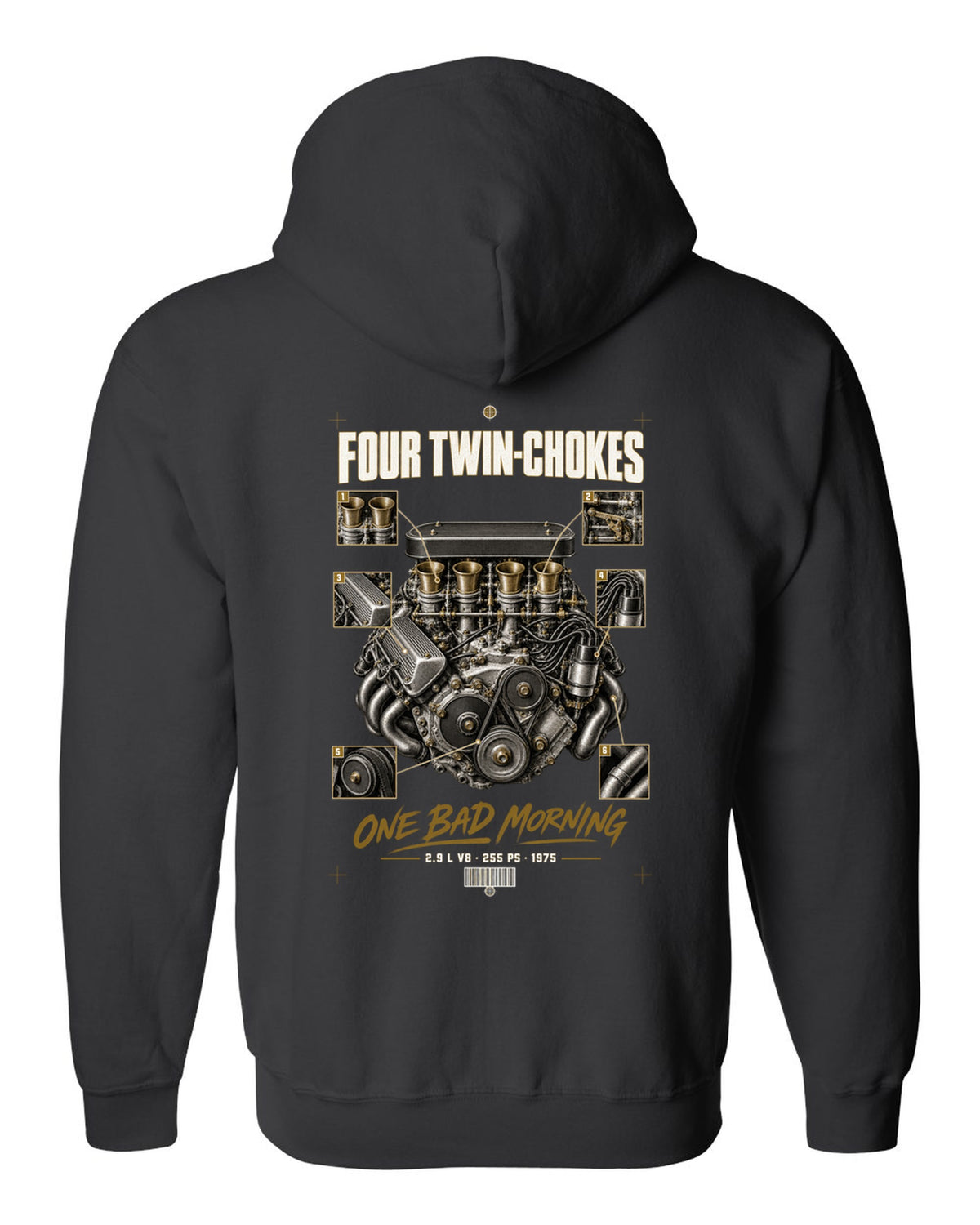 Ferrari 308 GTB 1975 engine print, four twin-choke carbs, 2.9 L V8, 255 PS black zip hoodie back view with the design