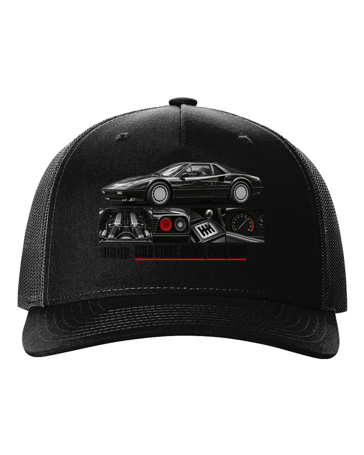 Dossier-panel print of a Ferrari 308 GTB/GTS with the line Cold Start: Choke, Pray, Wait black hat front view with the design