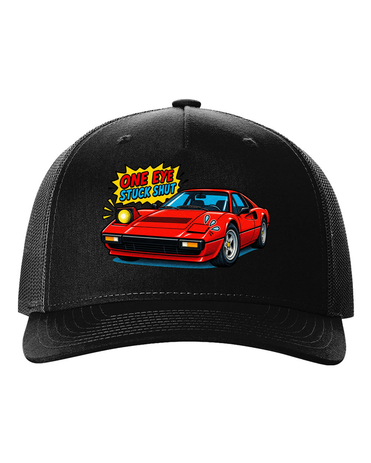 Comic halftone print of a Ferrari 308 GTB with one pop-up headlight stuck shut black hat front view with the design