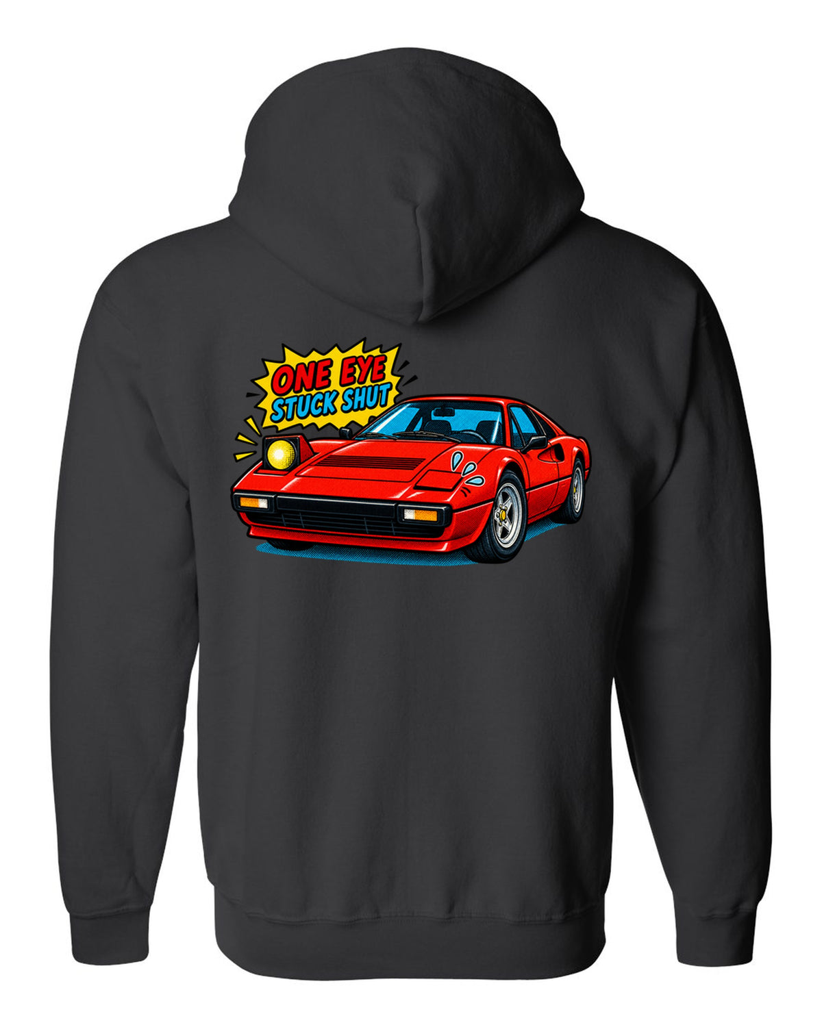 Comic halftone print of a Ferrari 308 GTB with one pop-up headlight stuck shut black zip hoodie back view with the design