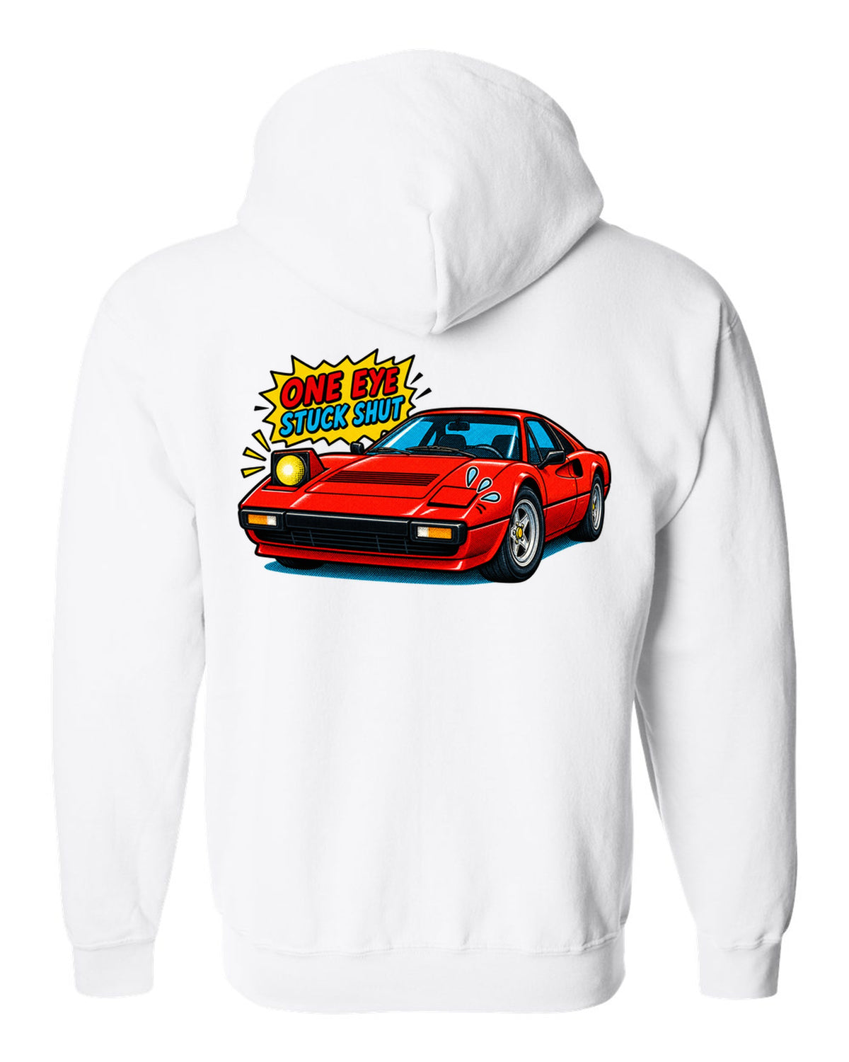 Comic halftone print of a Ferrari 308 GTB with one pop-up headlight stuck shut white zip hoodie back view with the design
