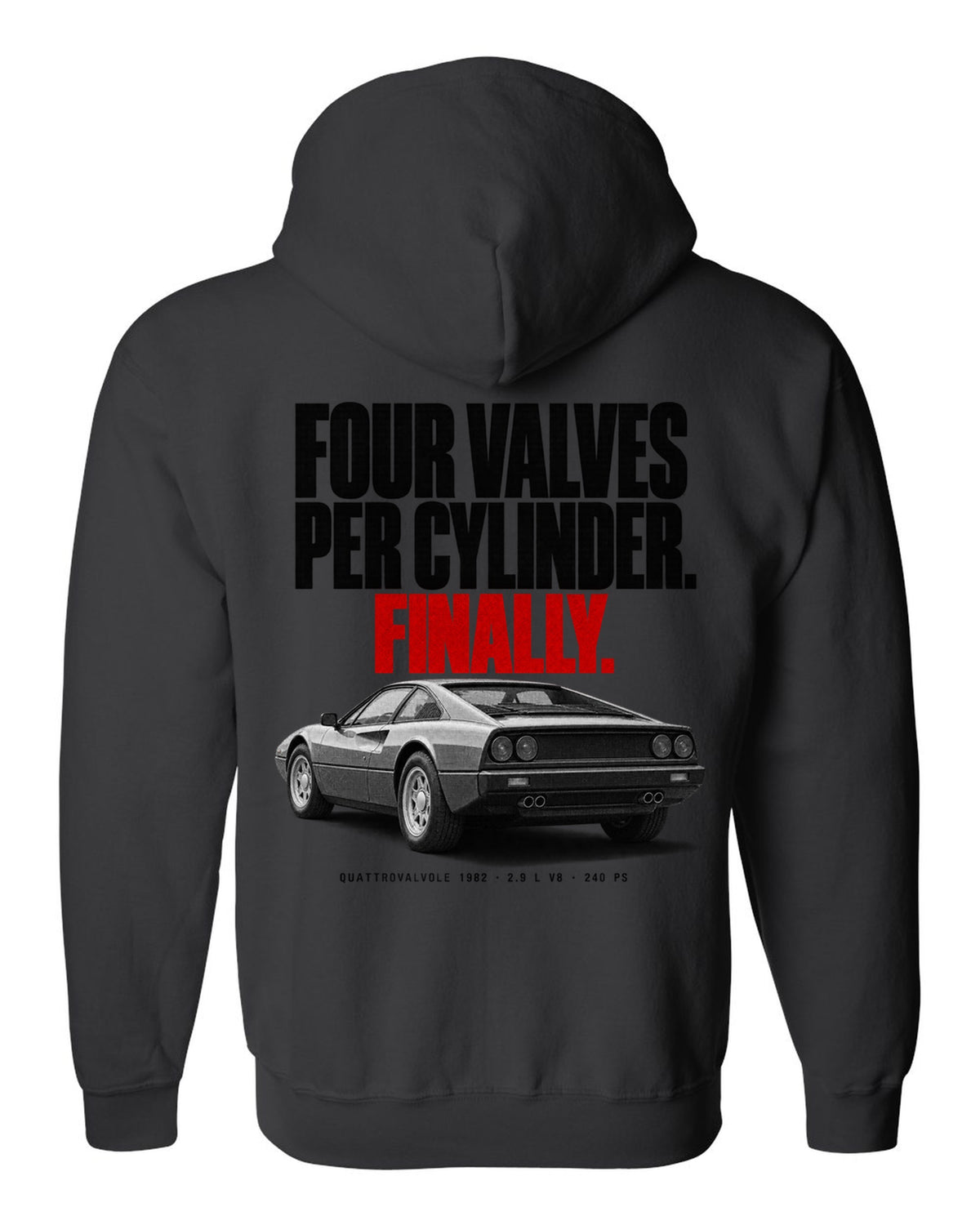 Ferrari 308 GTB Quattrovalvole 1982 rear three-quarter halftone print, four valves per cylinder black zip hoodie back view with the design