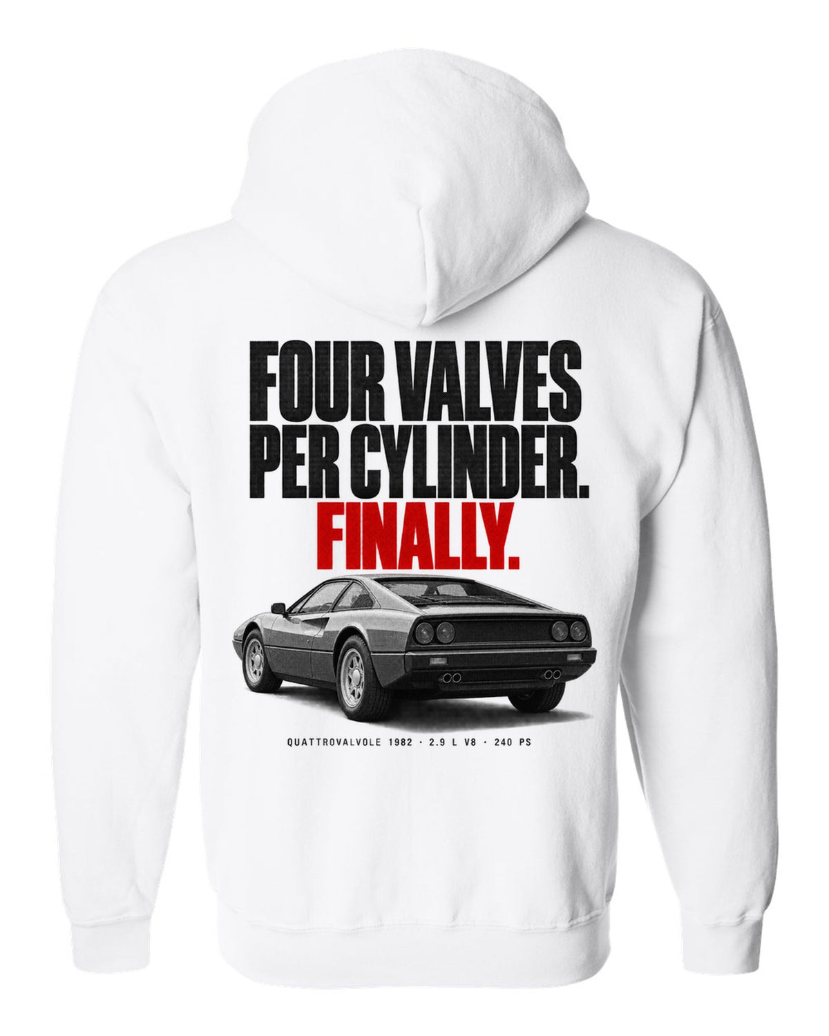 Ferrari 308 GTB Quattrovalvole 1982 rear three-quarter halftone print, four valves per cylinder white zip hoodie back view with the design