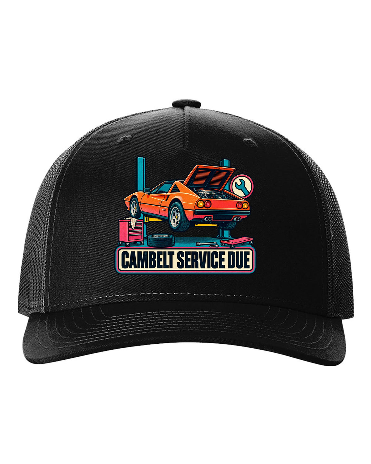 Risograph two-colour halftone print of a Ferrari 308 GTS with the text cambelt service due black hat front view with the design