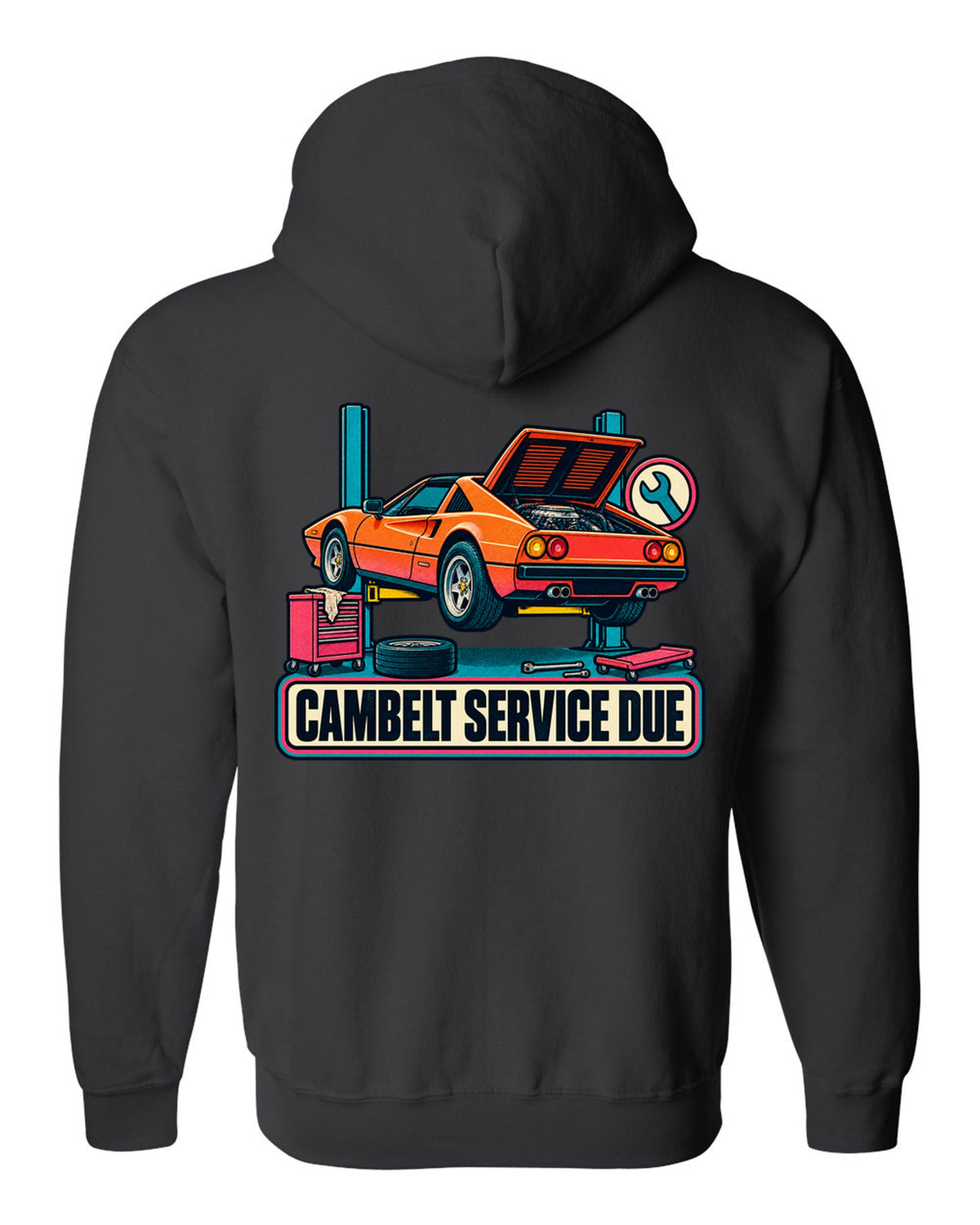 Risograph two-colour halftone print of a Ferrari 308 GTS with the text cambelt service due black zip hoodie back view with the design