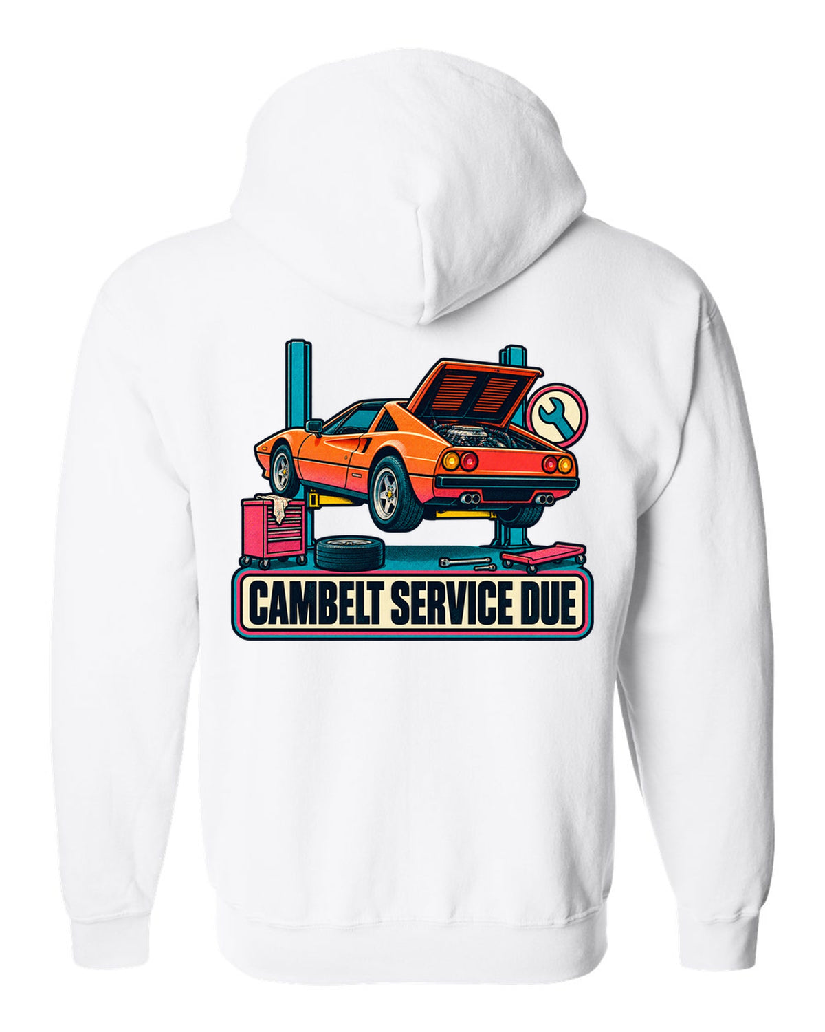 Risograph two-colour halftone print of a Ferrari 308 GTS with the text cambelt service due white zip hoodie back view with the design