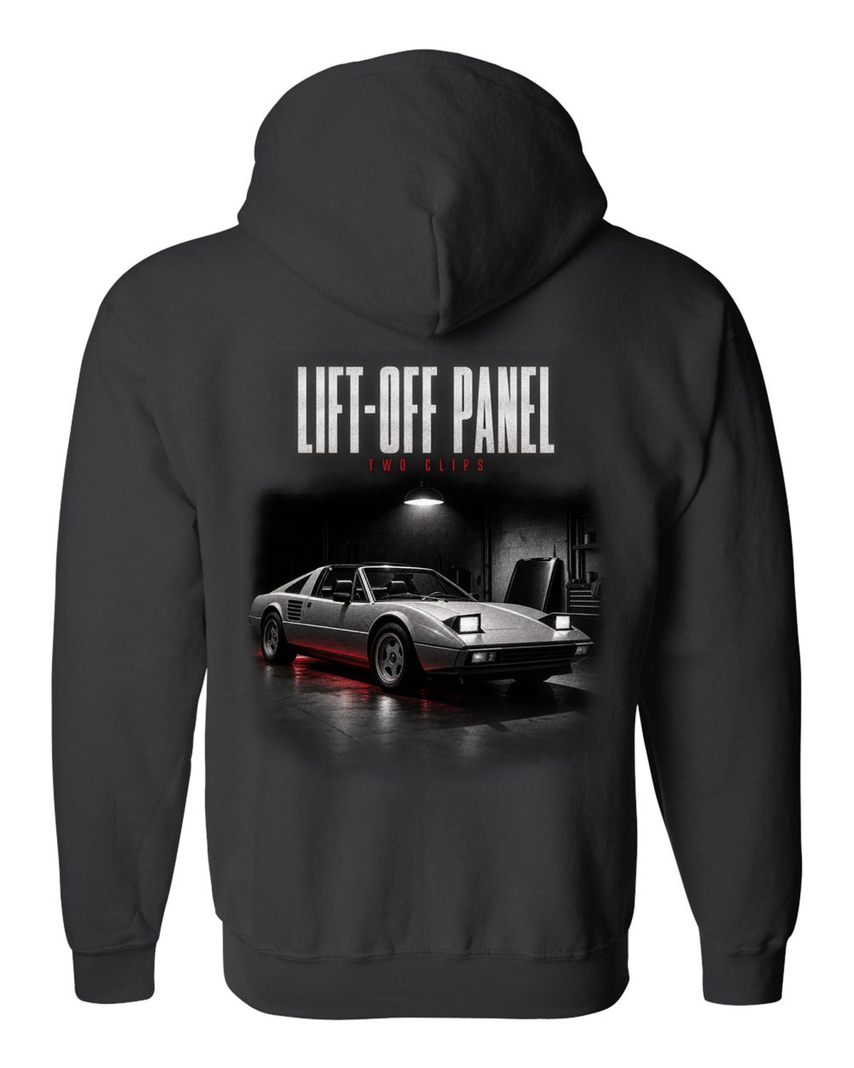 Ferrari 308 GTS 1977 targa garage night print, lift-off panel, two clips black zip hoodie back view with the design