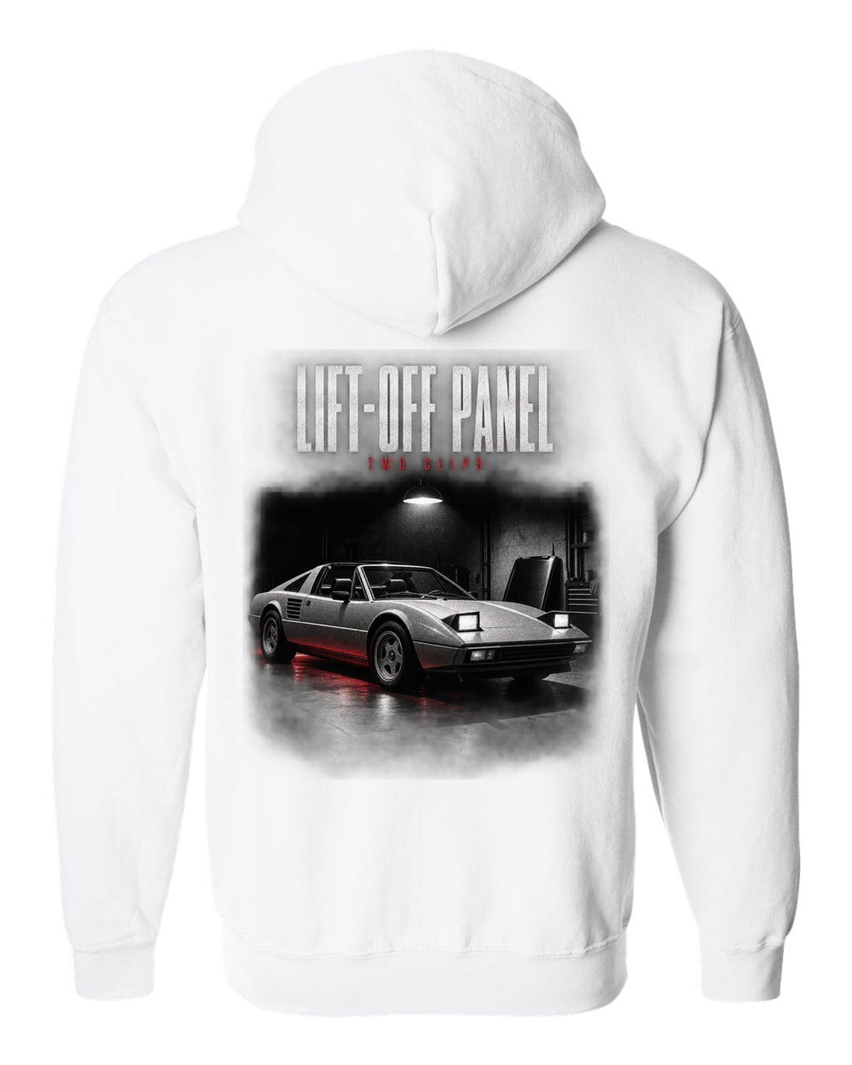 Ferrari 308 GTS 1977 targa garage night print, lift-off panel, two clips white zip hoodie back view with the design