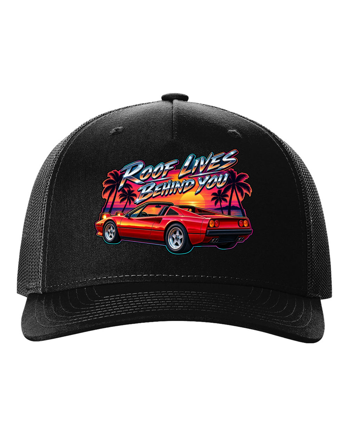 1980s airbrush style print of a Ferrari 308 GTS targa at sunset with palm trees black hat front view with the design