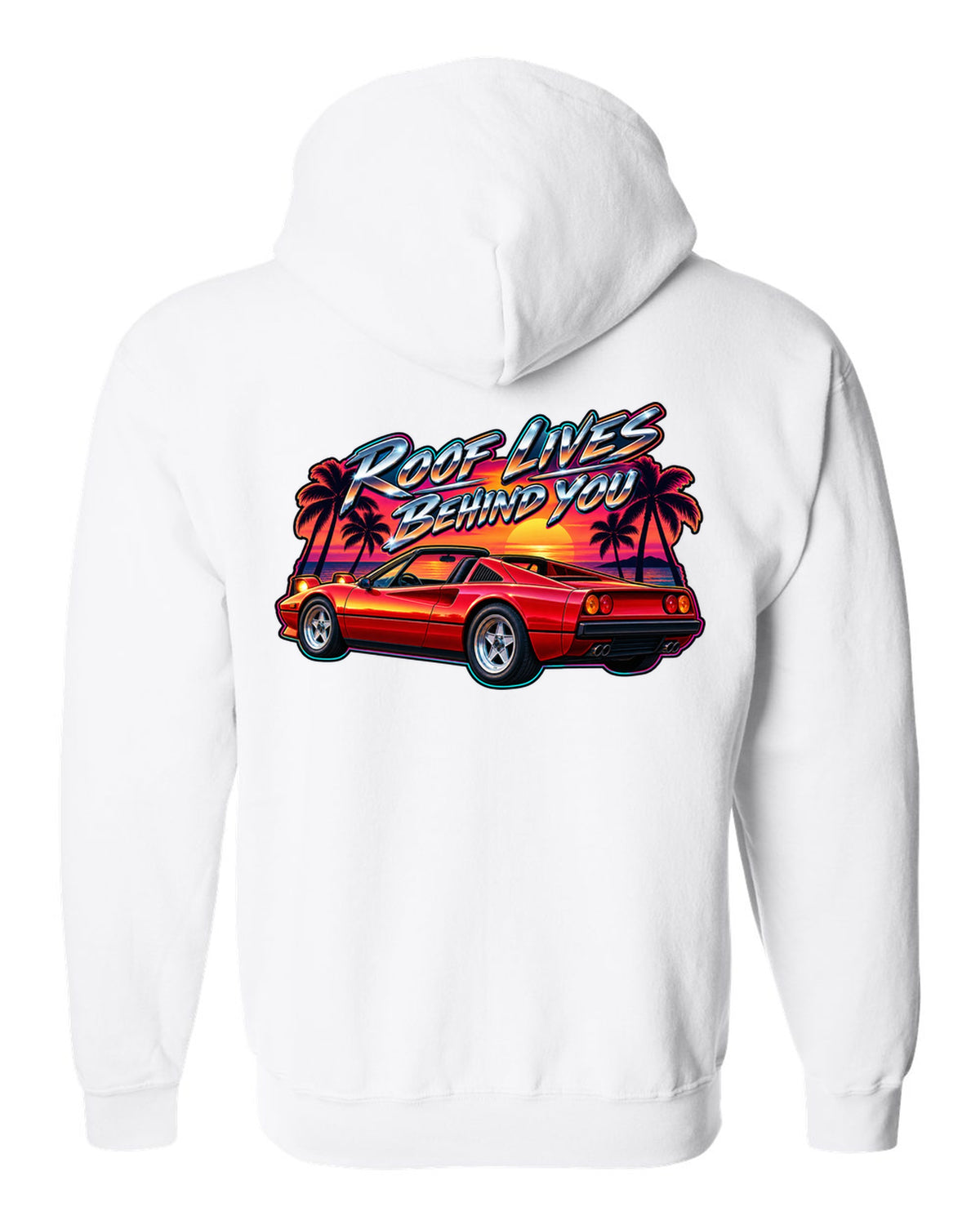 1980s airbrush style print of a Ferrari 308 GTS targa at sunset with palm trees white zip hoodie back view with the design