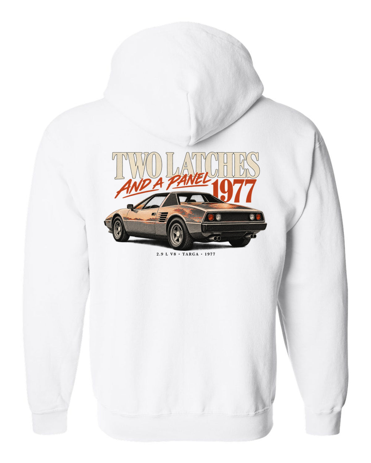 Ferrari 308 GTS 1977 rear three-quarter print, two latches and a panel, targa roof white zip hoodie back view with the design