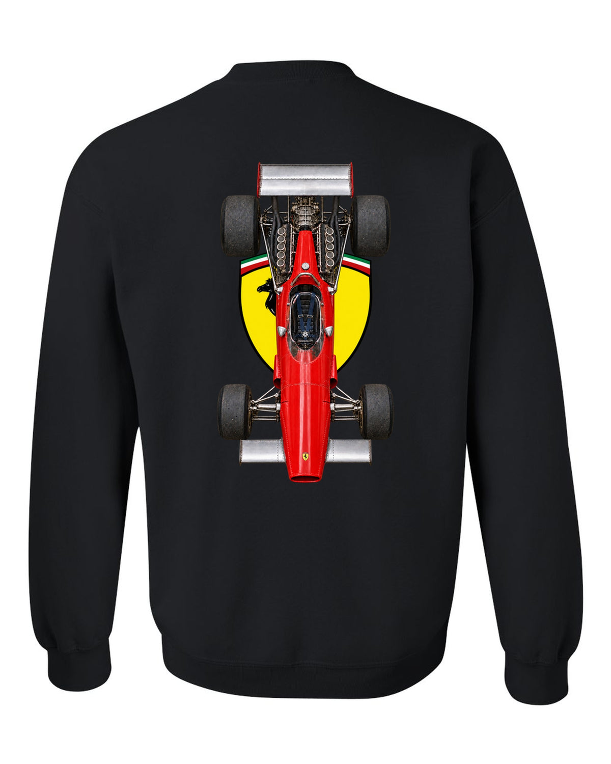 Ferrari 312 B 1970 Formula 1 overhead poster artwork black crewneck back view with the design