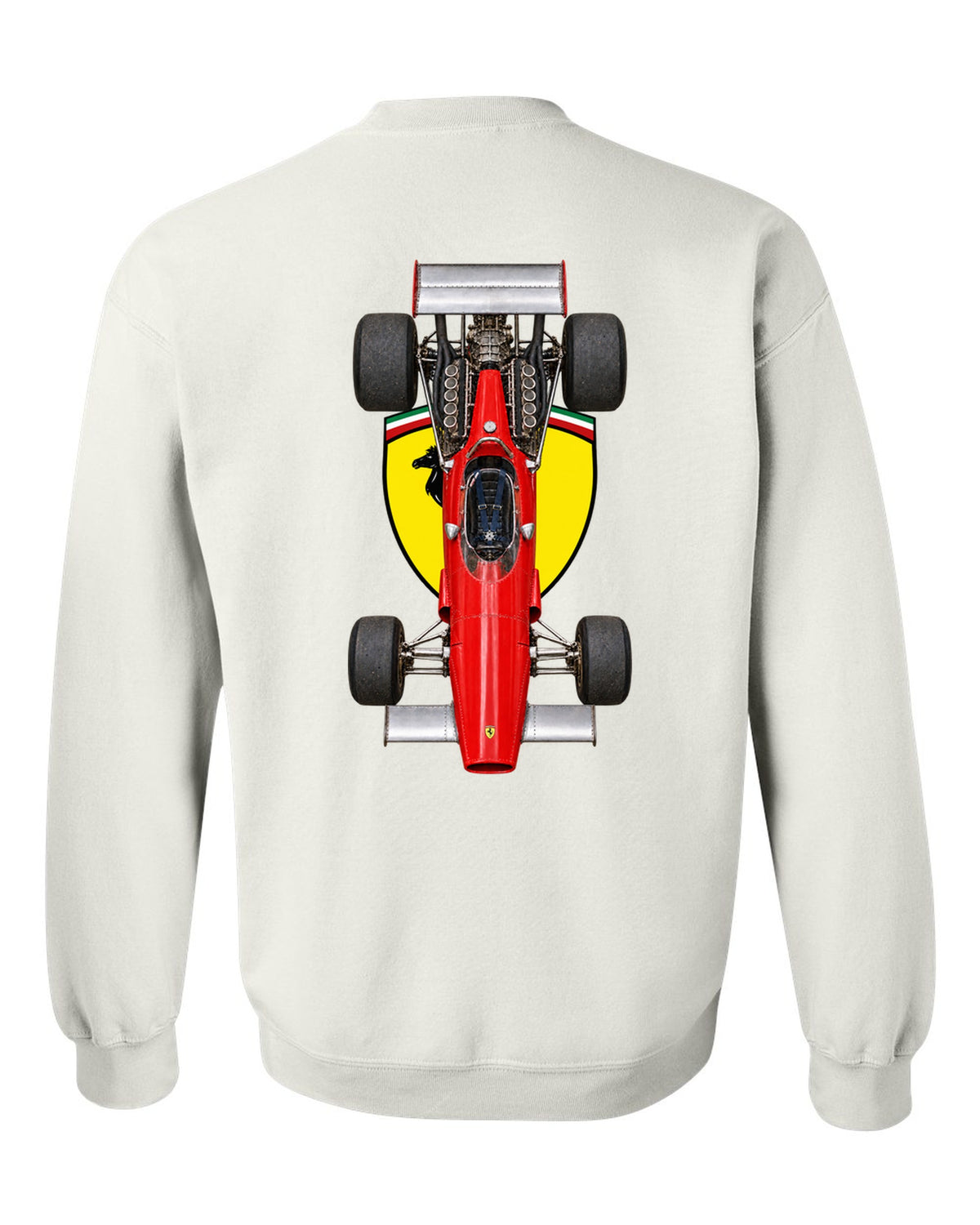 Ferrari 312 B 1970 Formula 1 overhead poster artwork white crewneck back view with the design