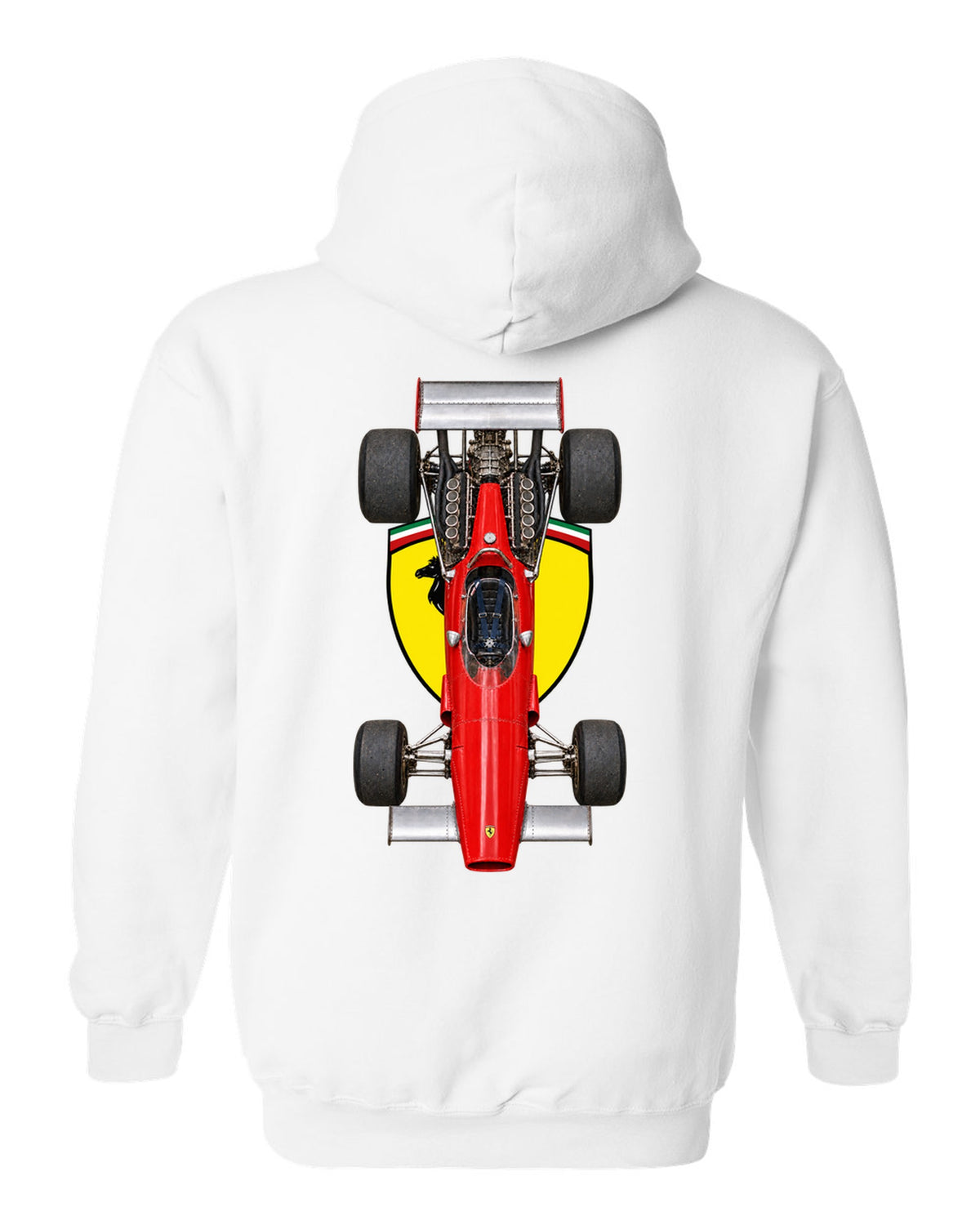 Ferrari 312 B 1970 Formula 1 overhead poster artwork white pull over hoodie back view with the design