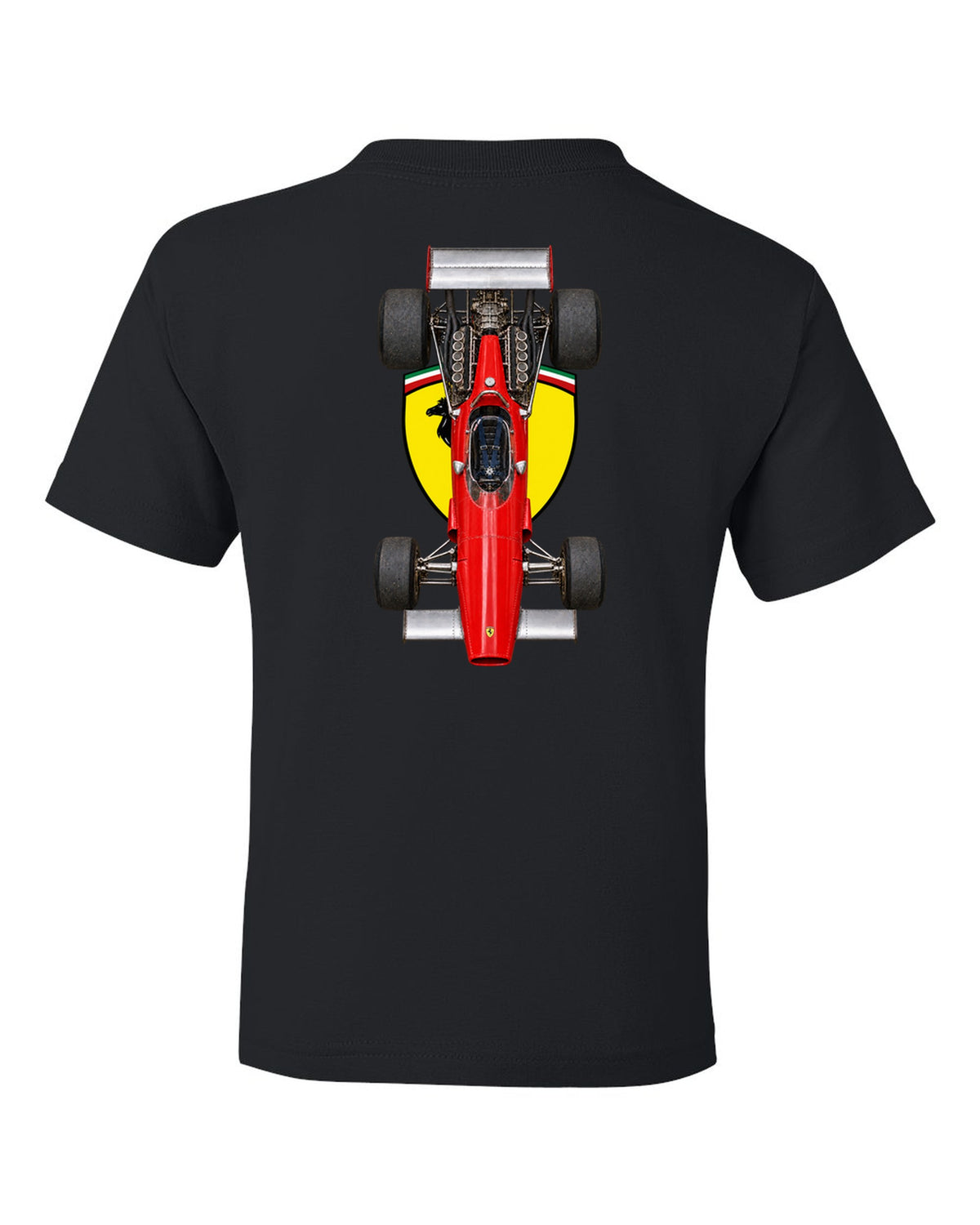 Ferrari 312 B 1970 Formula 1 overhead poster artwork black kids tee back view with the design