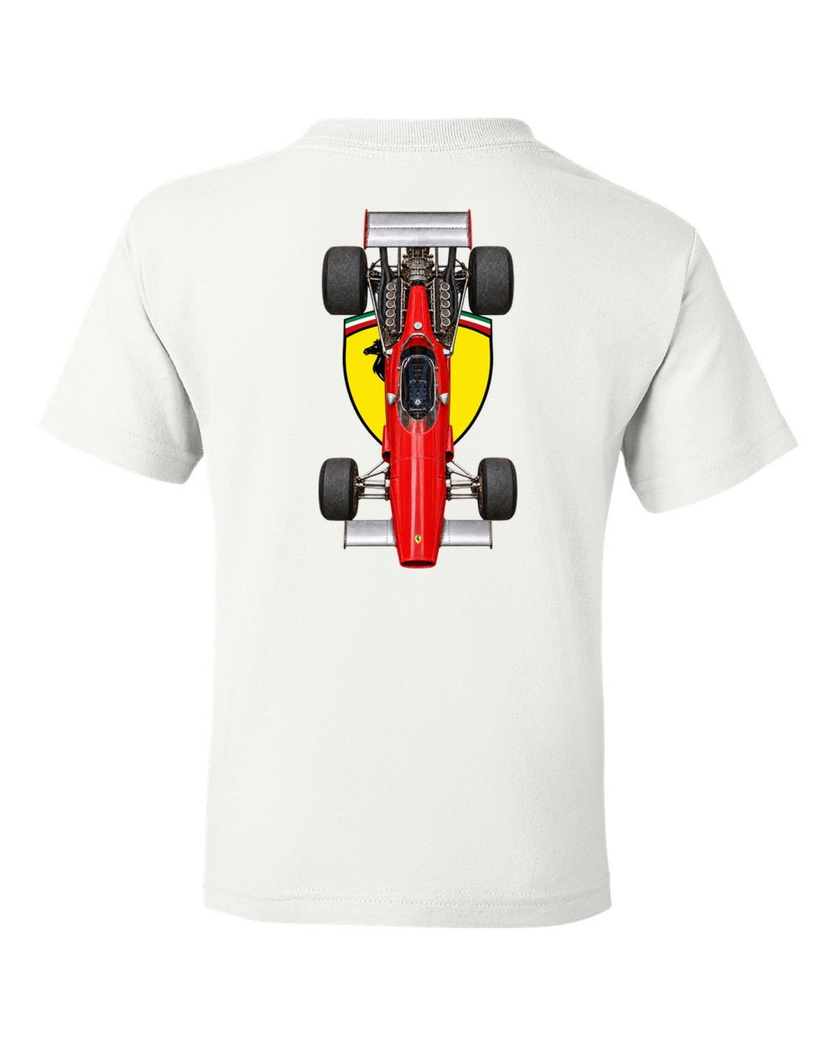 Ferrari 312 B 1970 Formula 1 overhead poster artwork white kids tee back view with the design