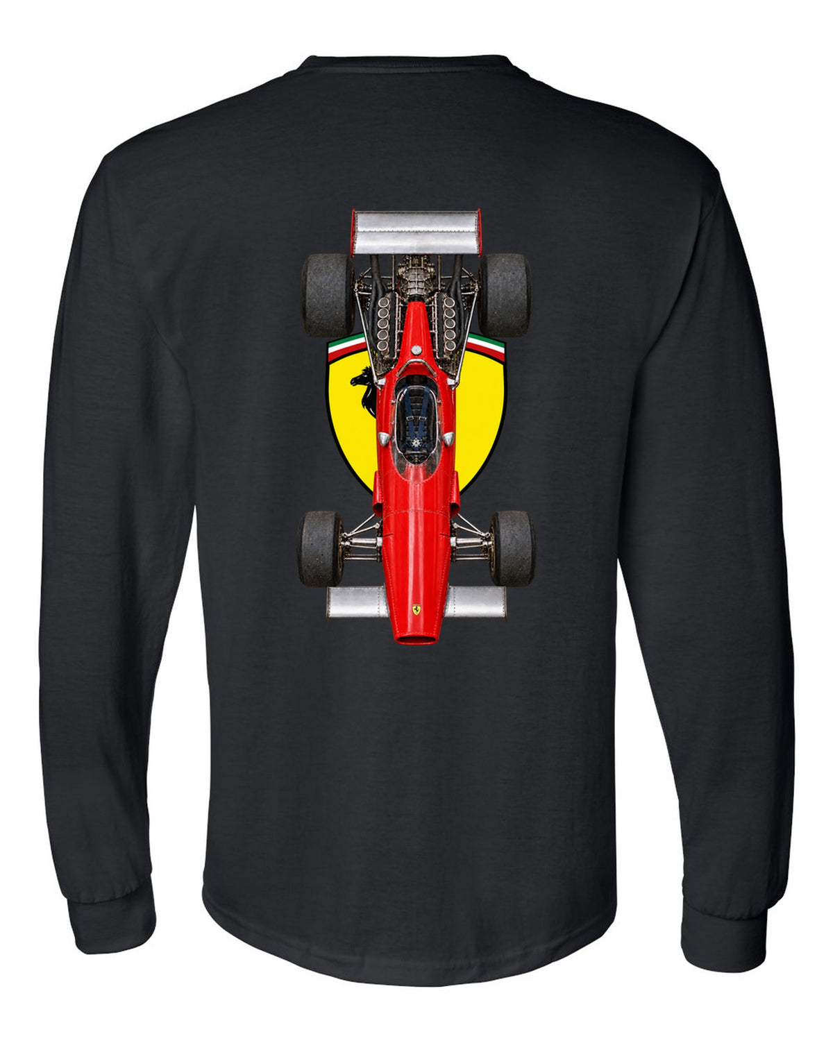 Ferrari 312 B 1970 Formula 1 overhead poster artwork black long sleeve back view with the design
