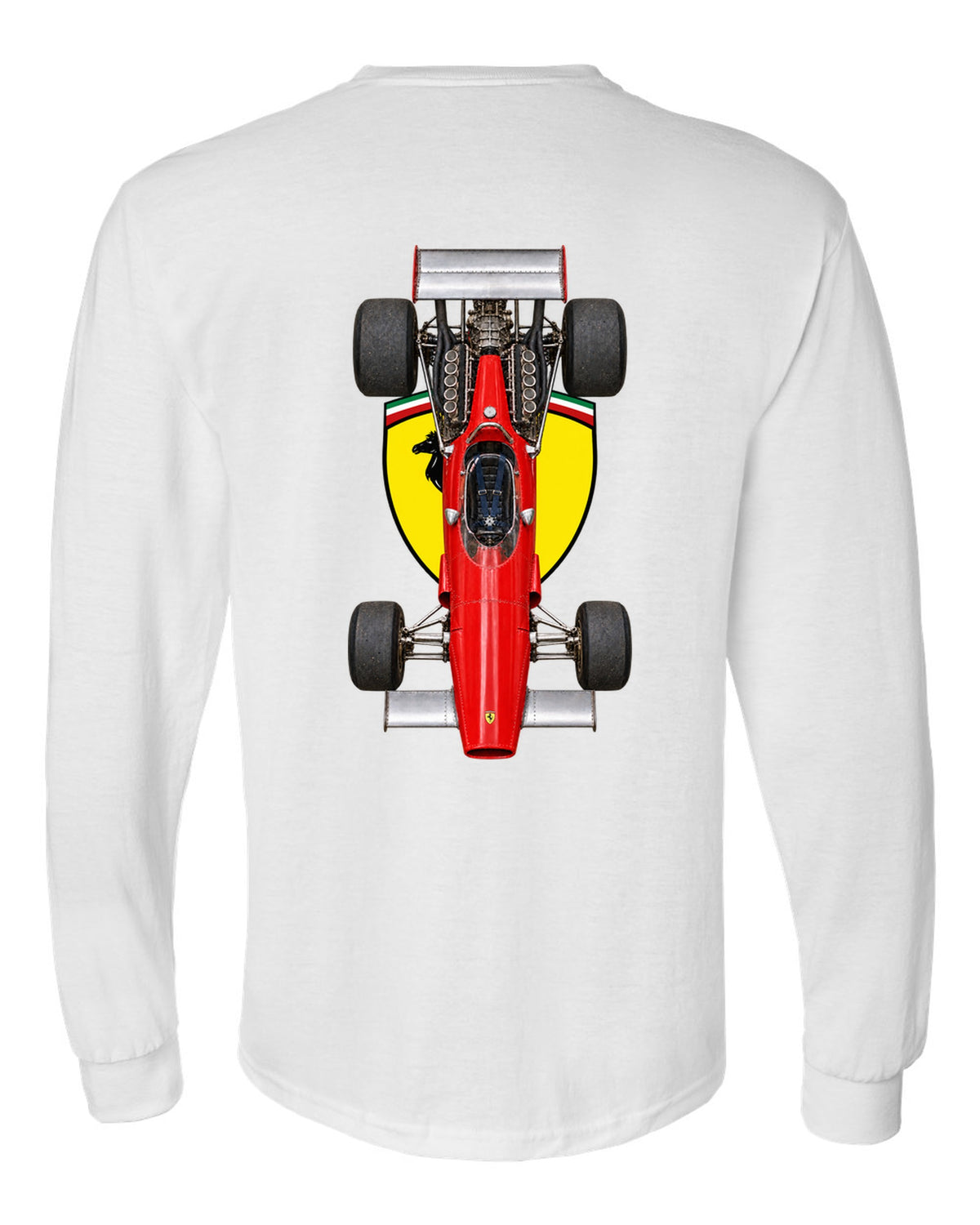 Ferrari 312 B 1970 Formula 1 overhead poster artwork white long sleeve back view with the design