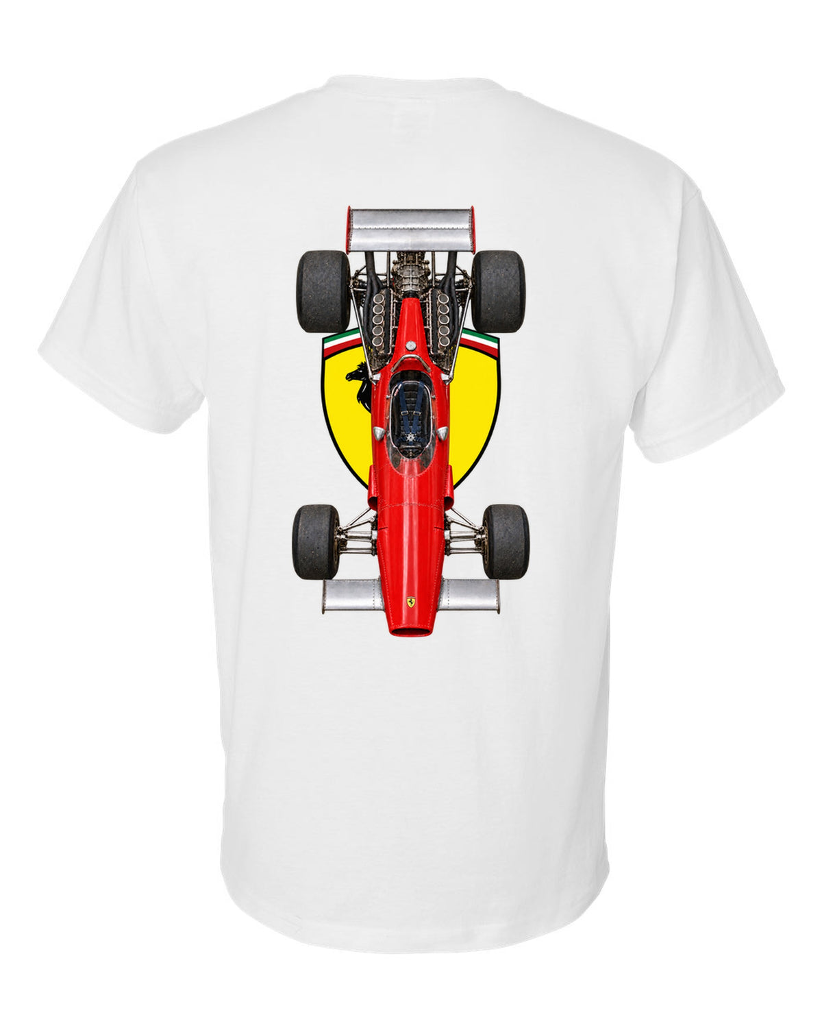 Ferrari 312 B 1970 Formula 1 overhead poster artwork white t-shirt back view with the design