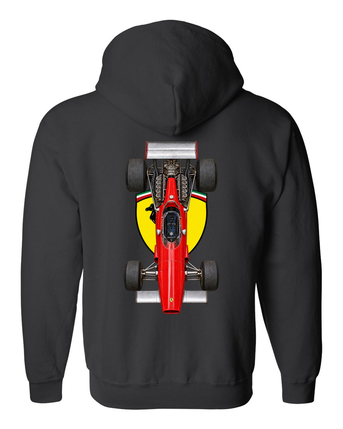 Ferrari 312 B 1970 Formula 1 overhead poster artwork black zip hoodie back view with the design