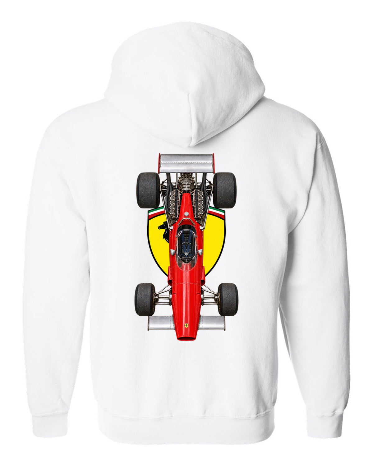 Ferrari 312 B 1970 Formula 1 overhead poster artwork white zip hoodie back view with the design