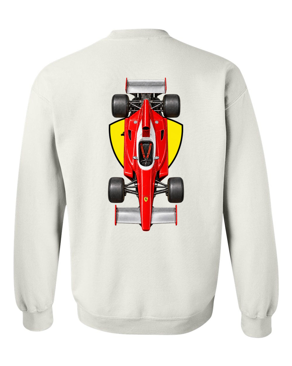 Ferrari 312 T 1975 Formula 1 overhead poster artwork white crewneck back view with the design