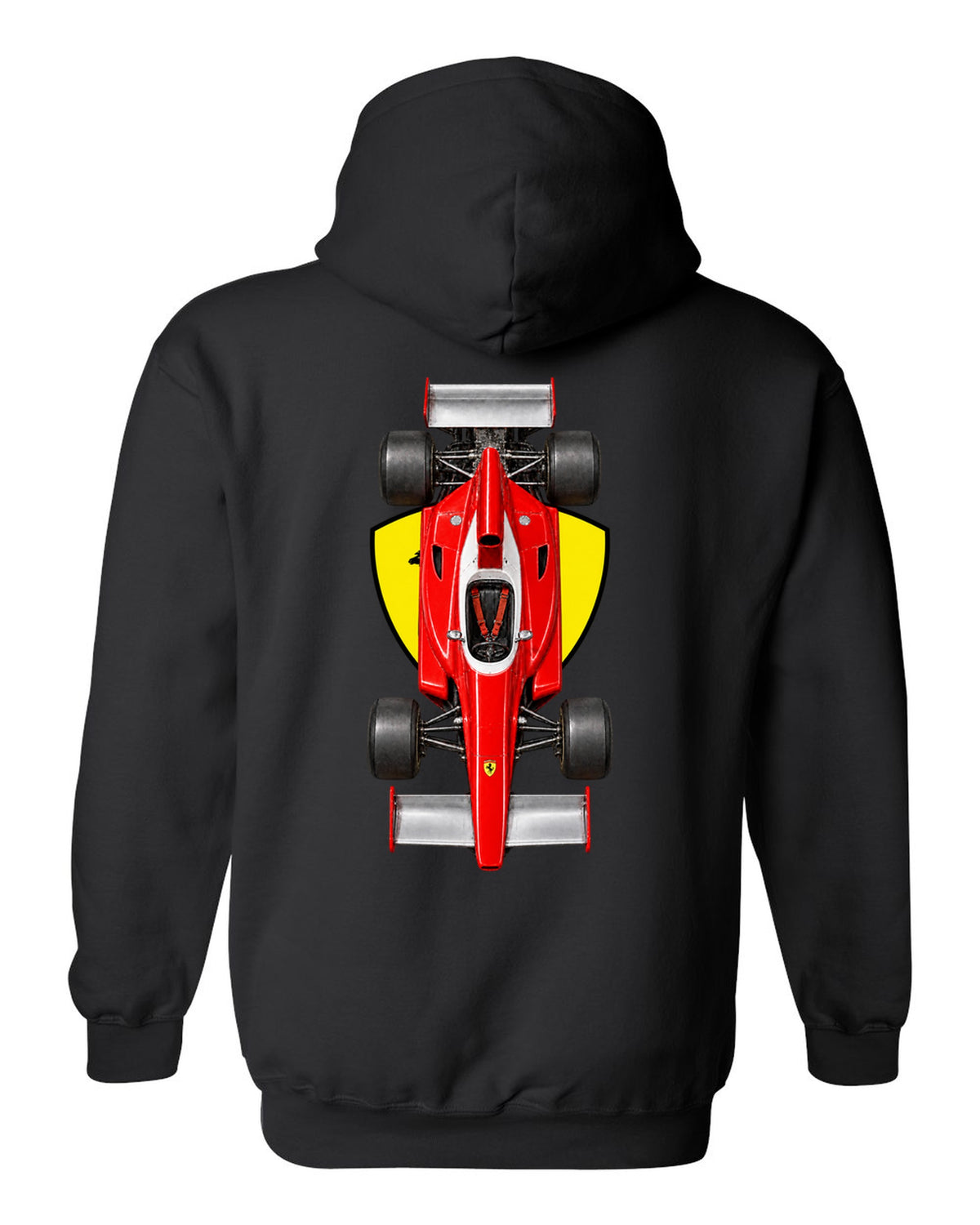 Ferrari 312 T 1975 Formula 1 overhead poster artwork black pull over hoodie back view with the design
