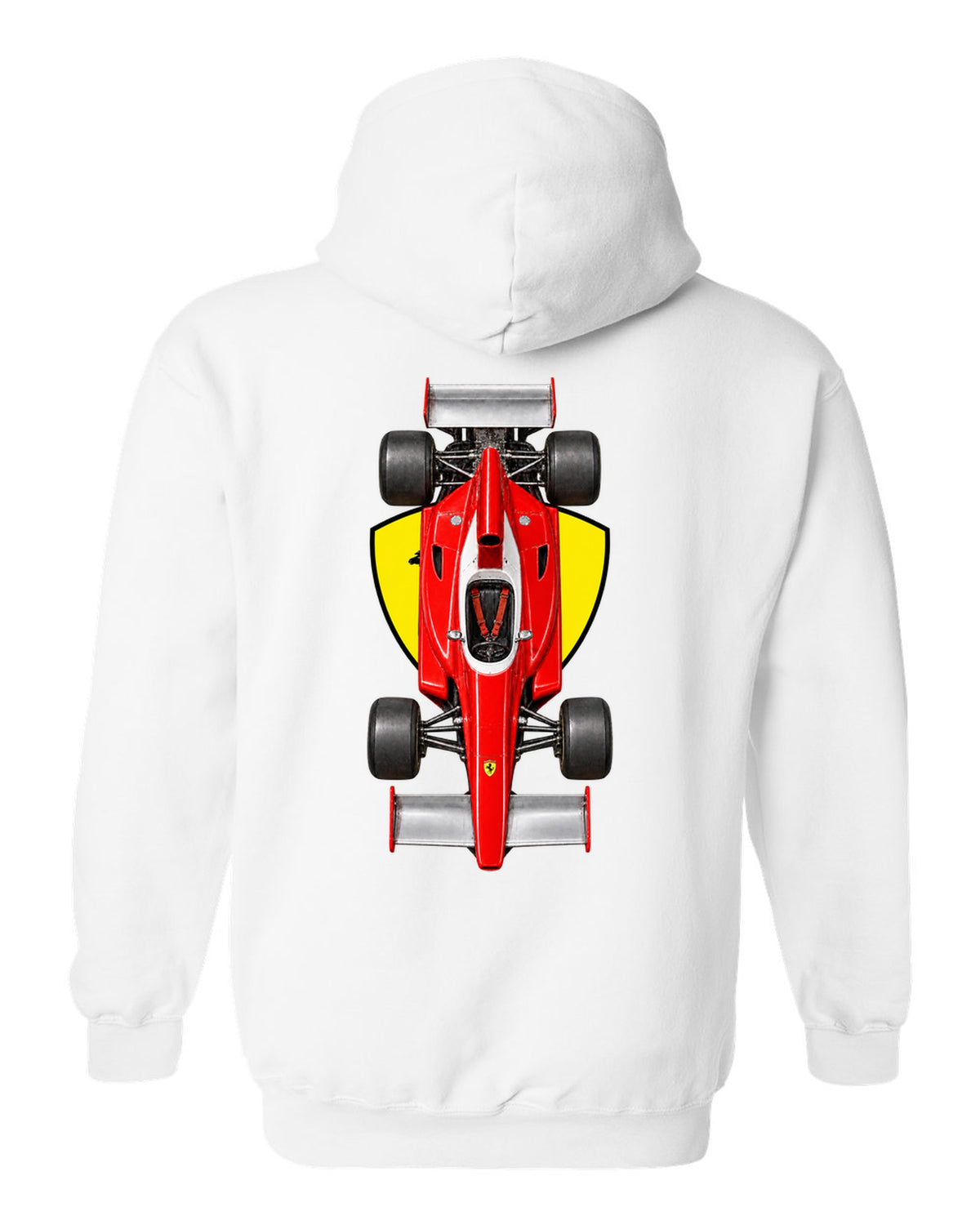Ferrari 312 T 1975 Formula 1 overhead poster artwork white pull over hoodie back view with the design