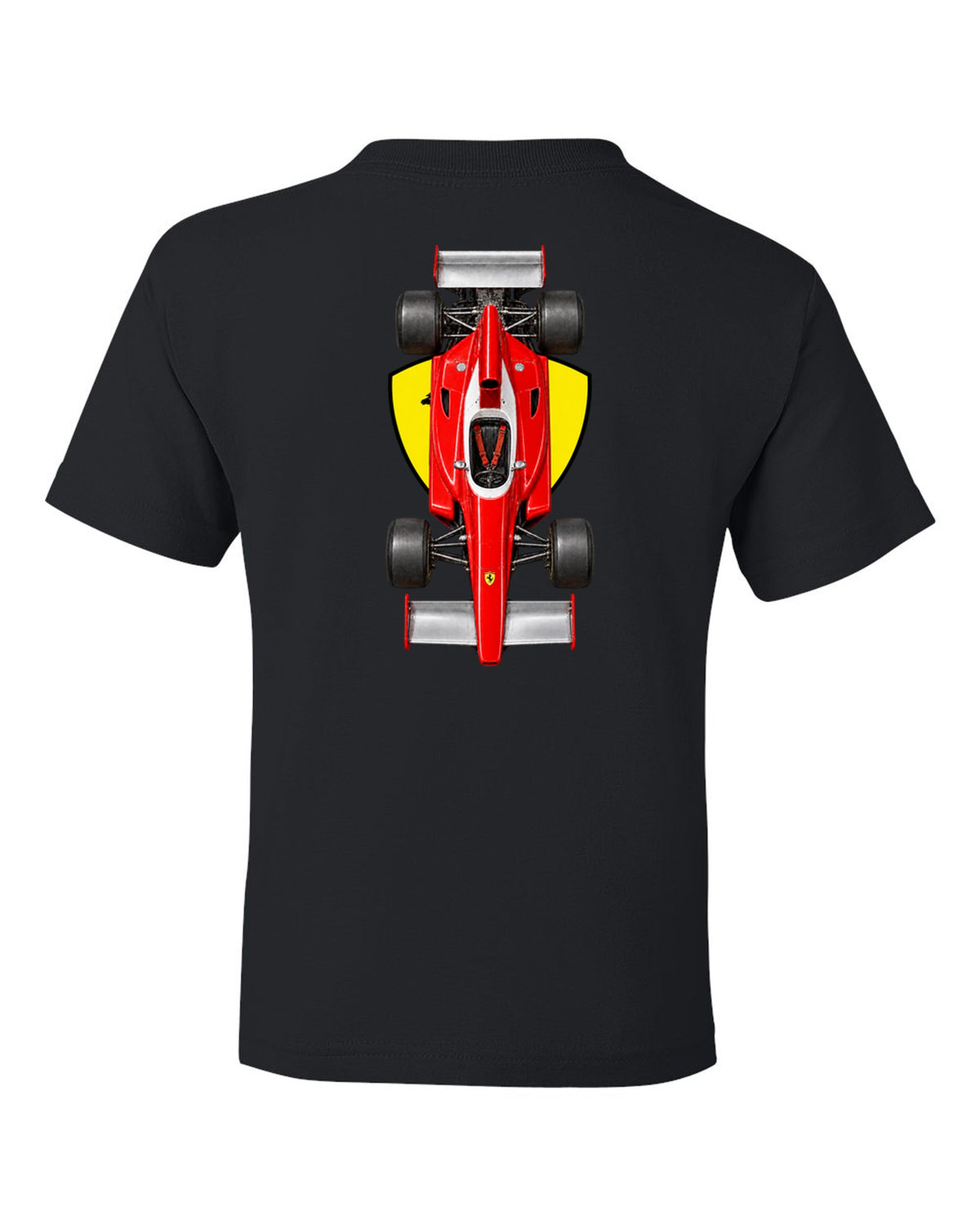 Ferrari 312 T 1975 Formula 1 overhead poster artwork black kids tee back view with the design