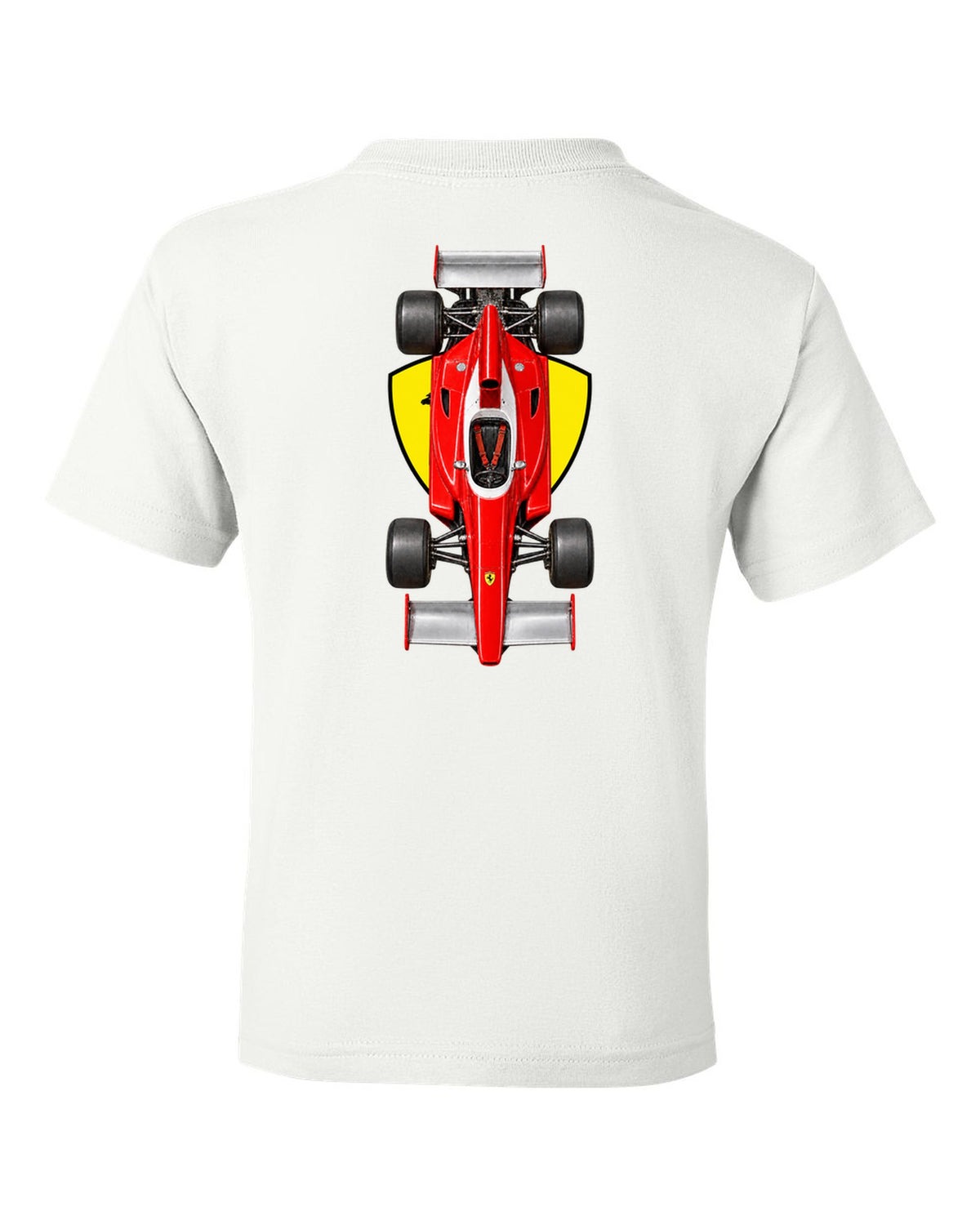 Ferrari 312 T 1975 Formula 1 overhead poster artwork white kids tee back view with the design