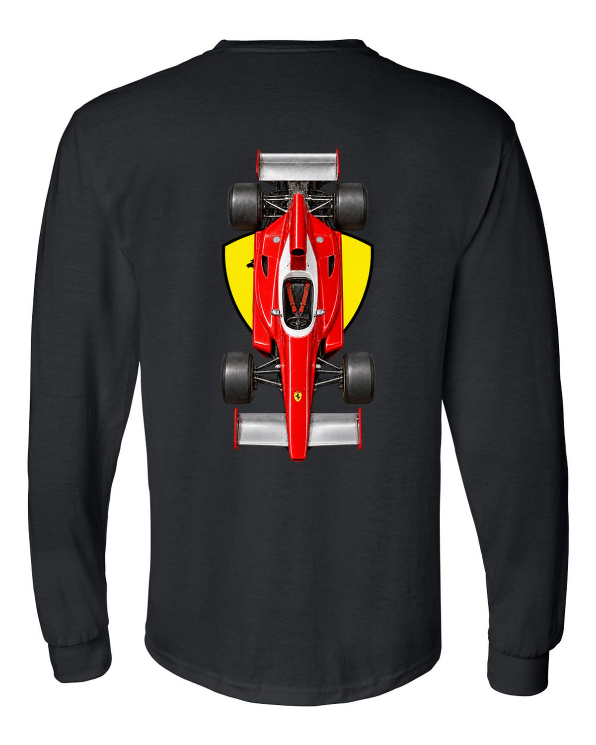 Ferrari 312 T 1975 Formula 1 overhead poster artwork black long sleeve back view with the design